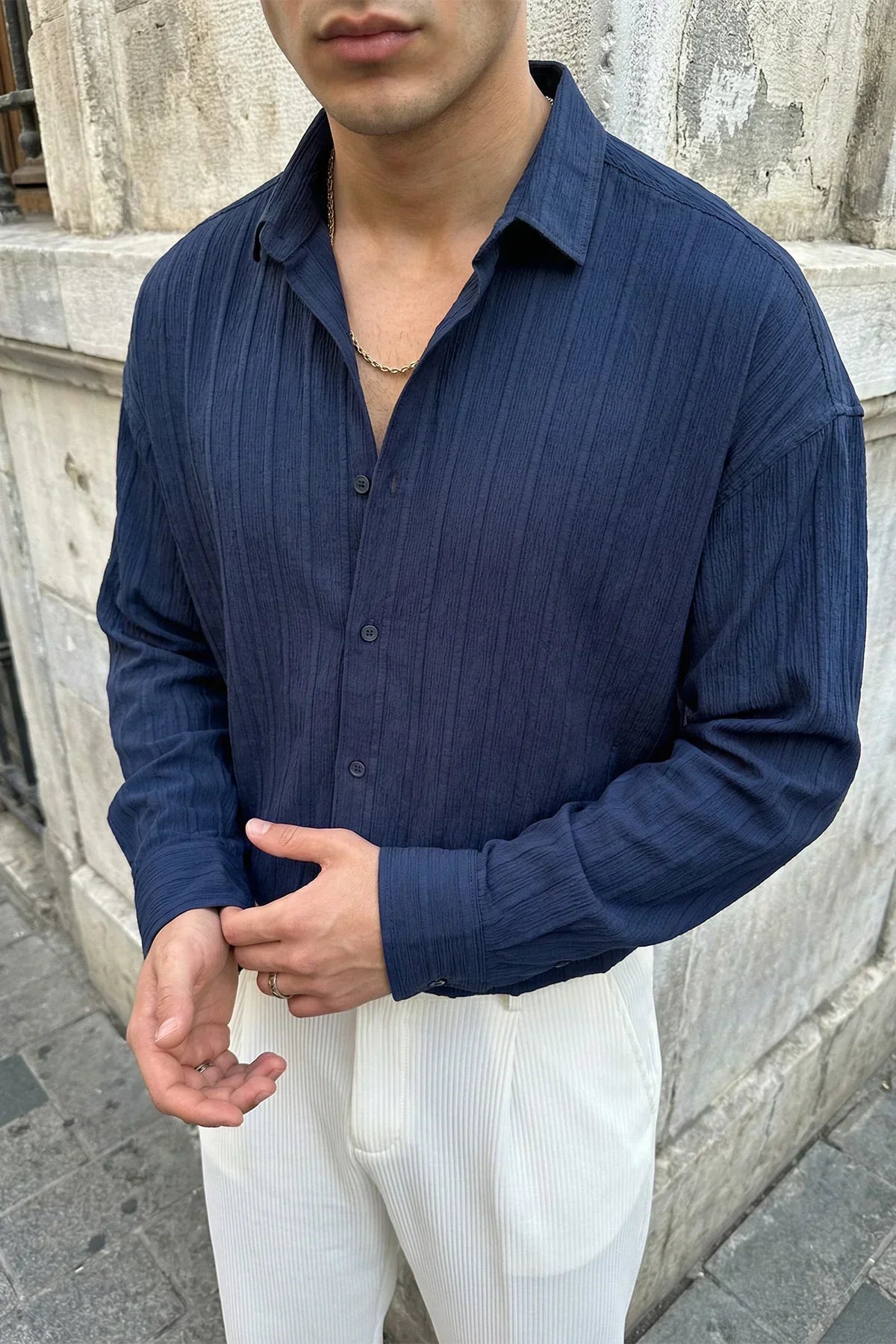 Maze Premium Oversize Erkek Gömlek Dokulu Çizgili - Livio Ferri