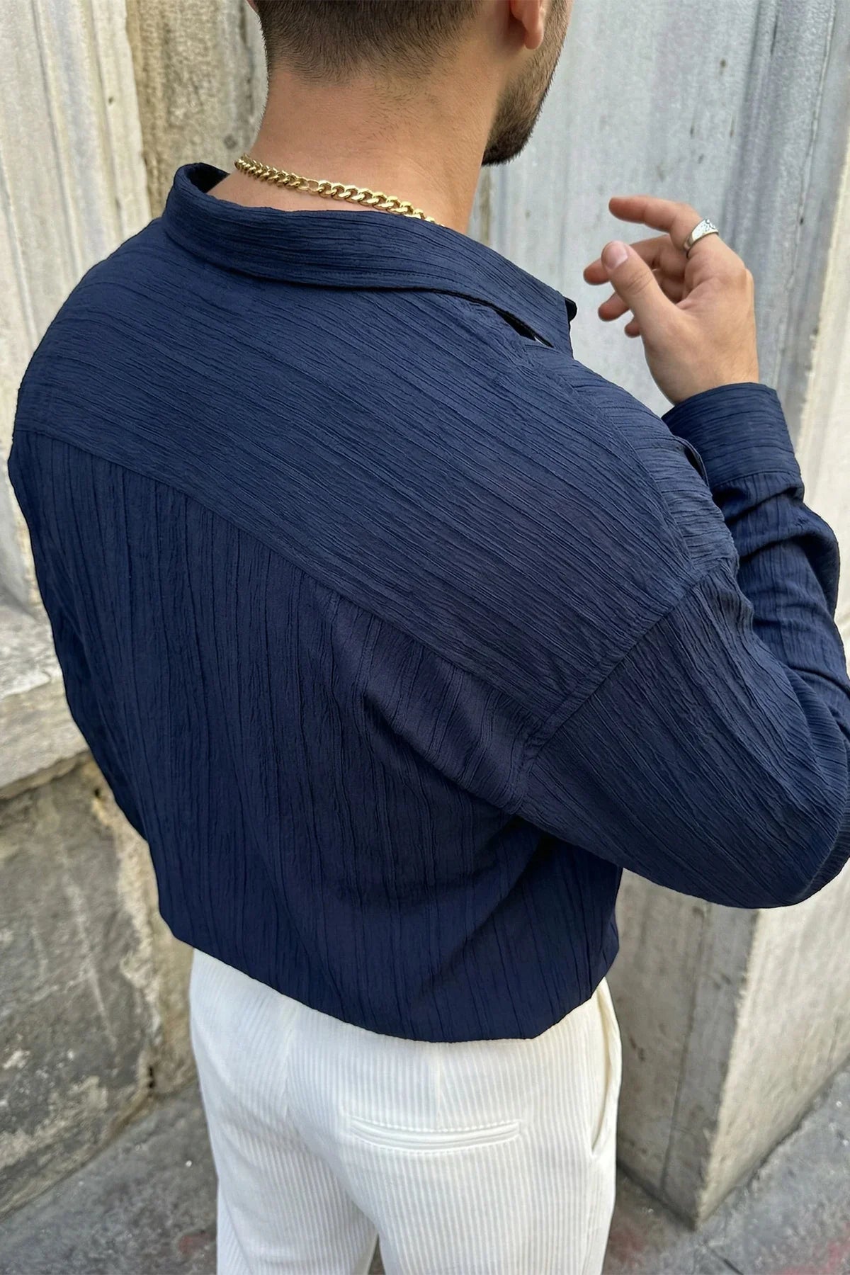 Maze Premium Oversize Erkek Gömlek Dokulu Çizgili - Livio Ferri