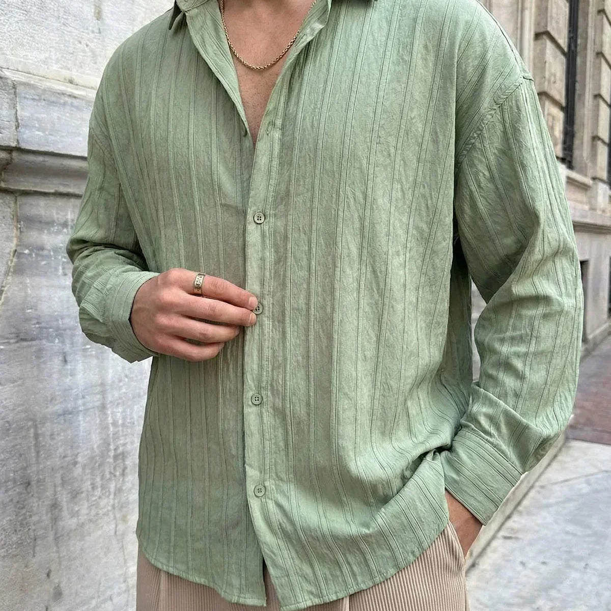 Maze Premium Oversize Erkek Gömlek Dokulu Çizgili - Livio Ferri