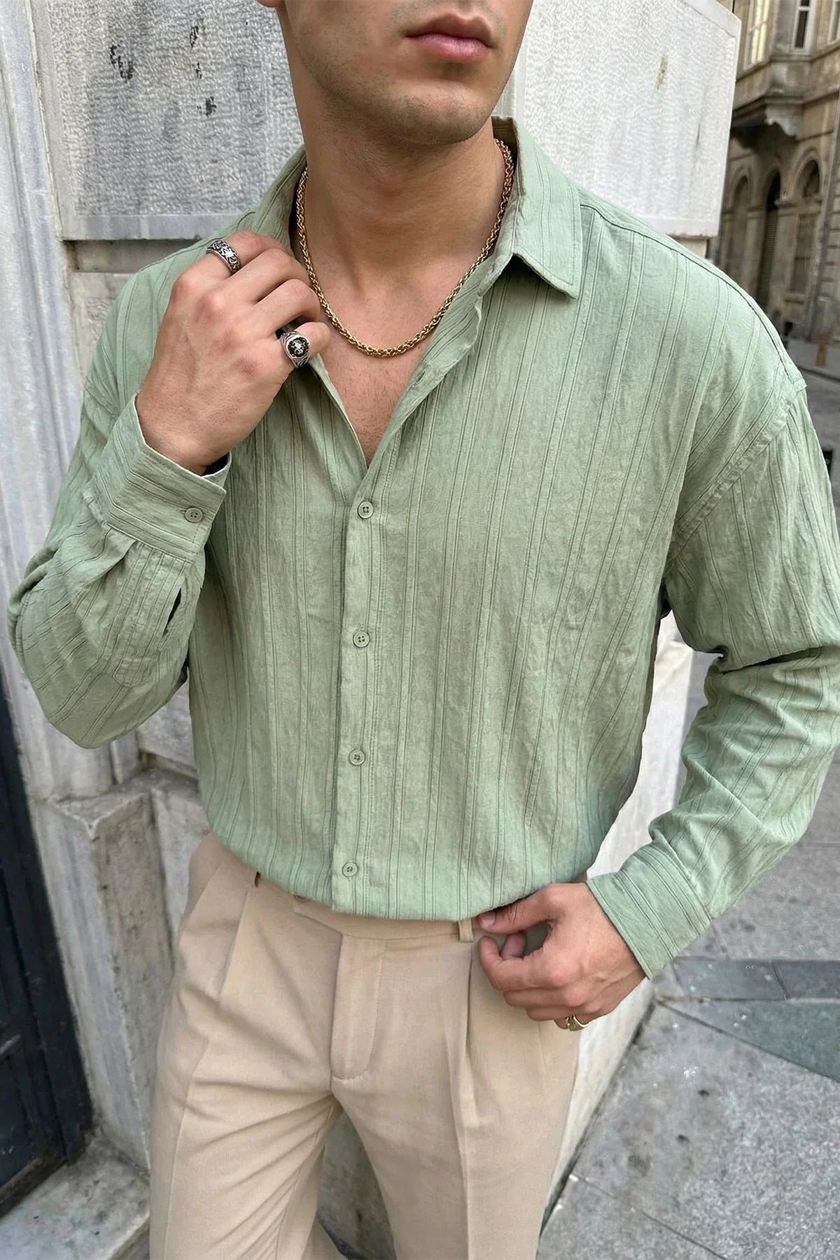 Maze Premium Oversize Erkek Gömlek Dokulu Çizgili - Livio Ferri