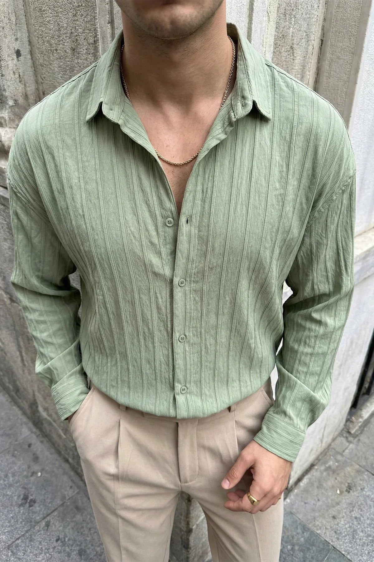 Maze Premium Oversize Erkek Gömlek Dokulu Çizgili - Livio Ferri