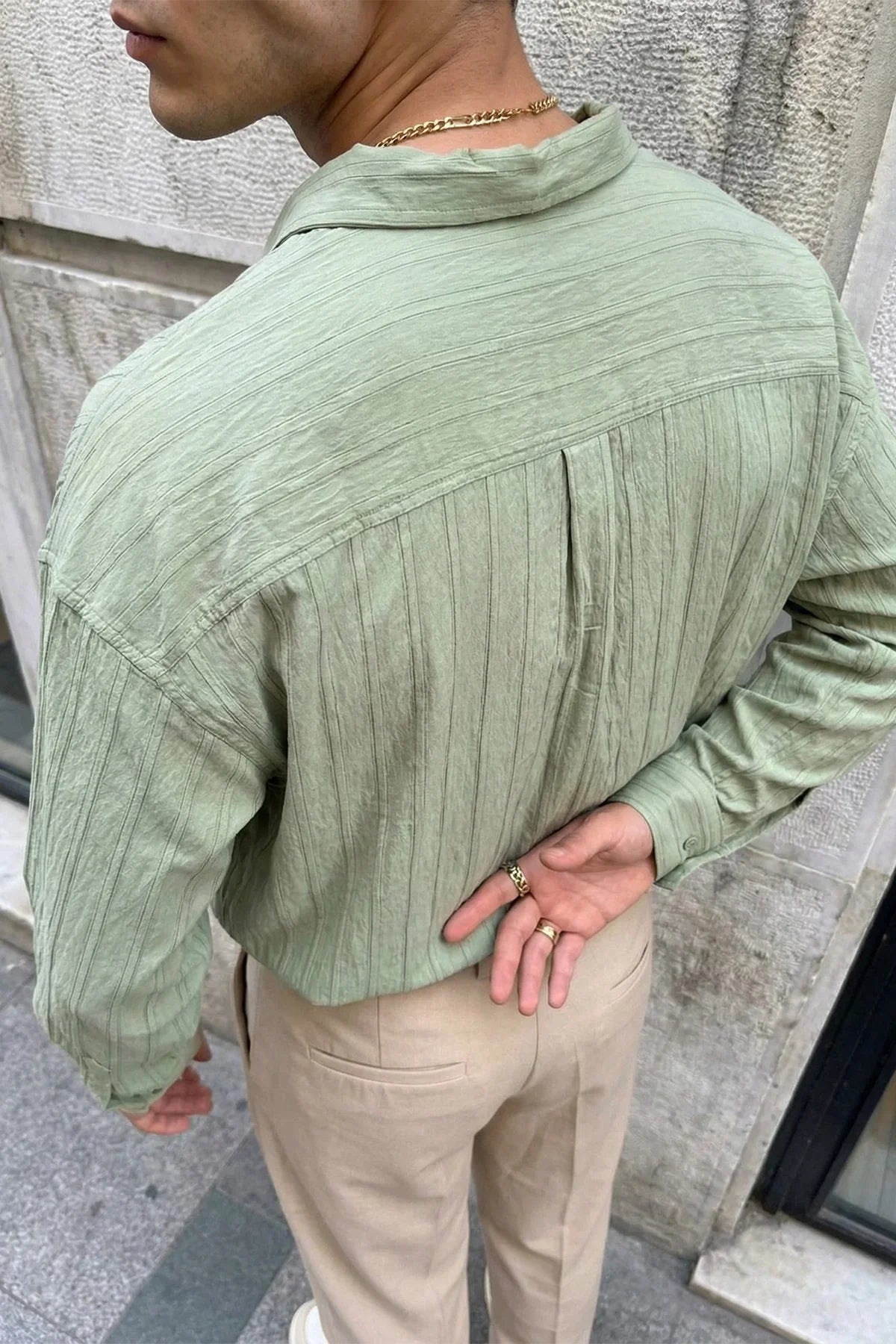 Maze Premium Oversize Erkek Gömlek Dokulu Çizgili - Livio Ferri