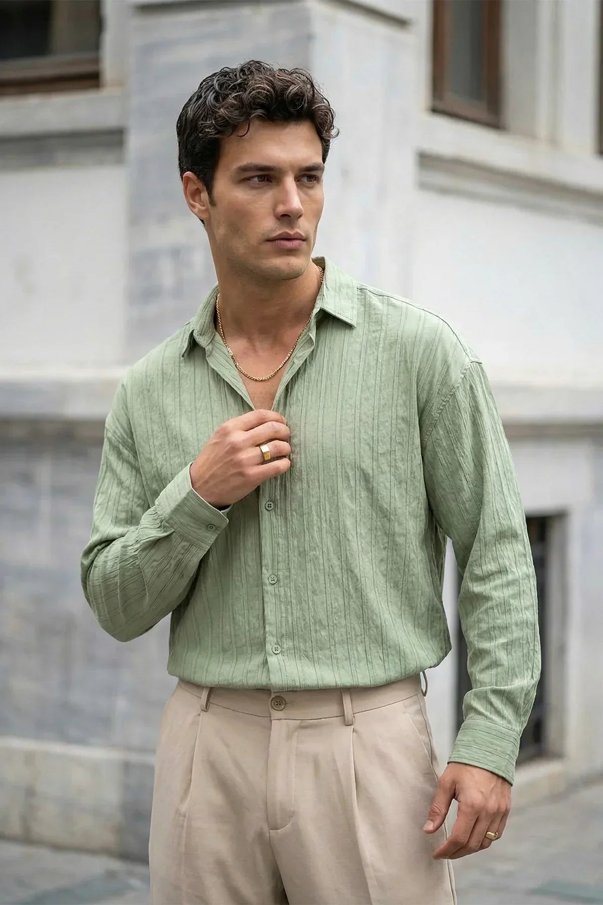 Maze Premium Oversize Erkek Gömlek Dokulu Çizgili - Livio Ferri