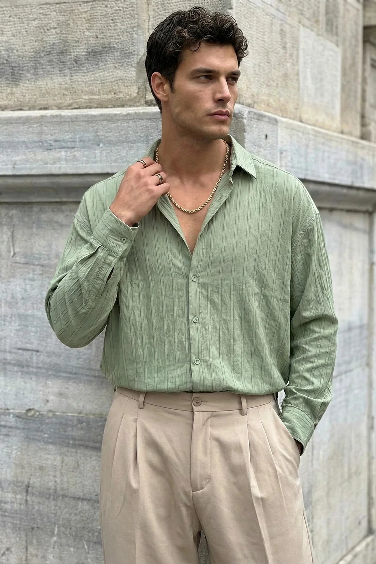 Maze Premium Oversize Erkek Gömlek Dokulu Çizgili - Livio Ferri