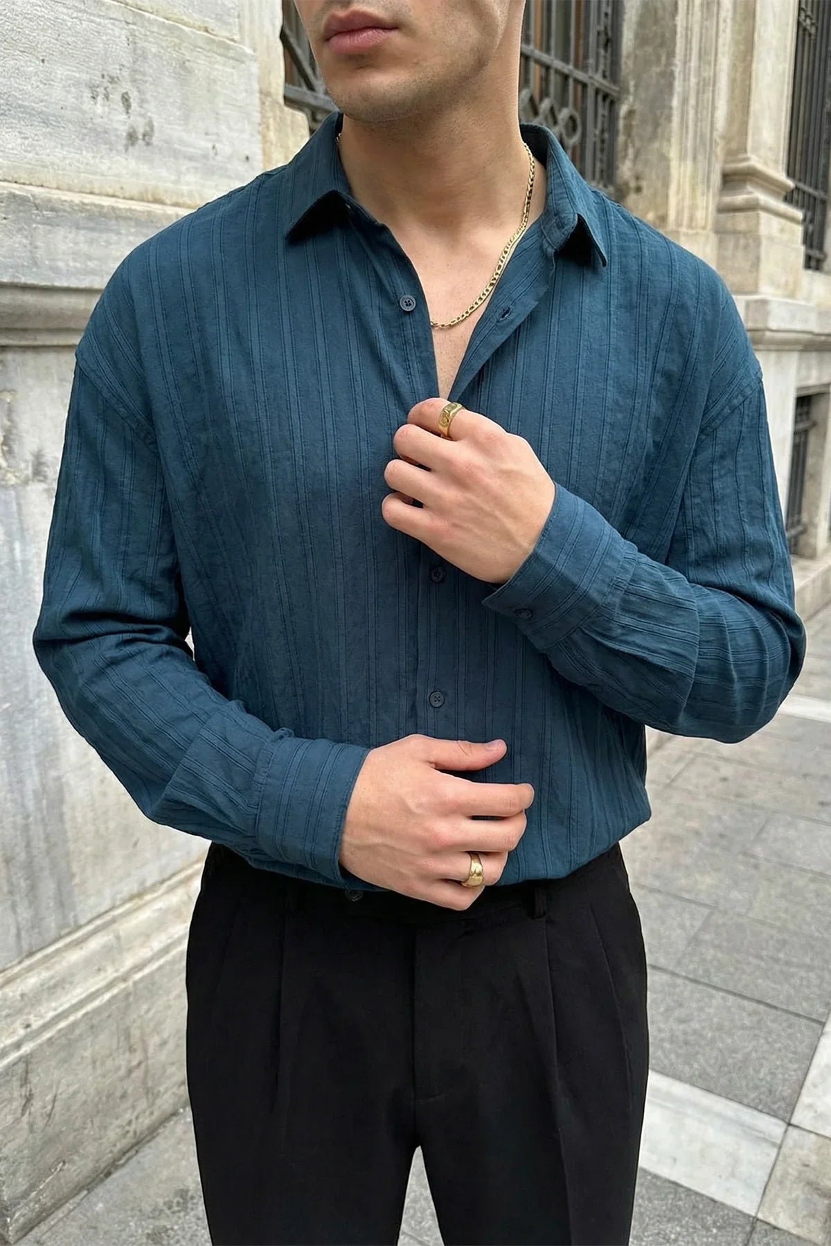 Maze Premium Oversize Erkek Gömlek Dokulu Çizgili - Livio Ferri