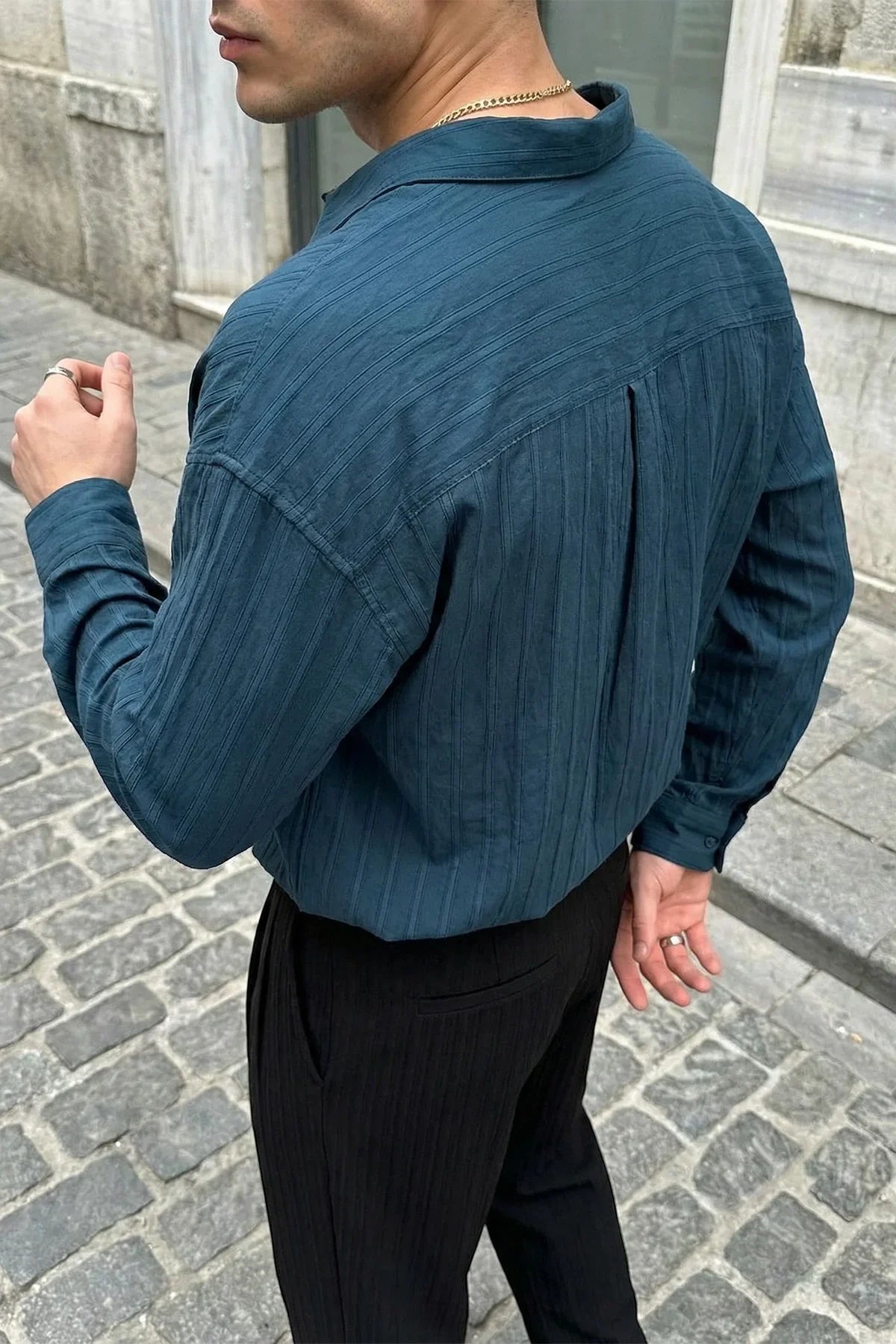 Maze Premium Oversize Erkek Gömlek Dokulu Çizgili - Livio Ferri