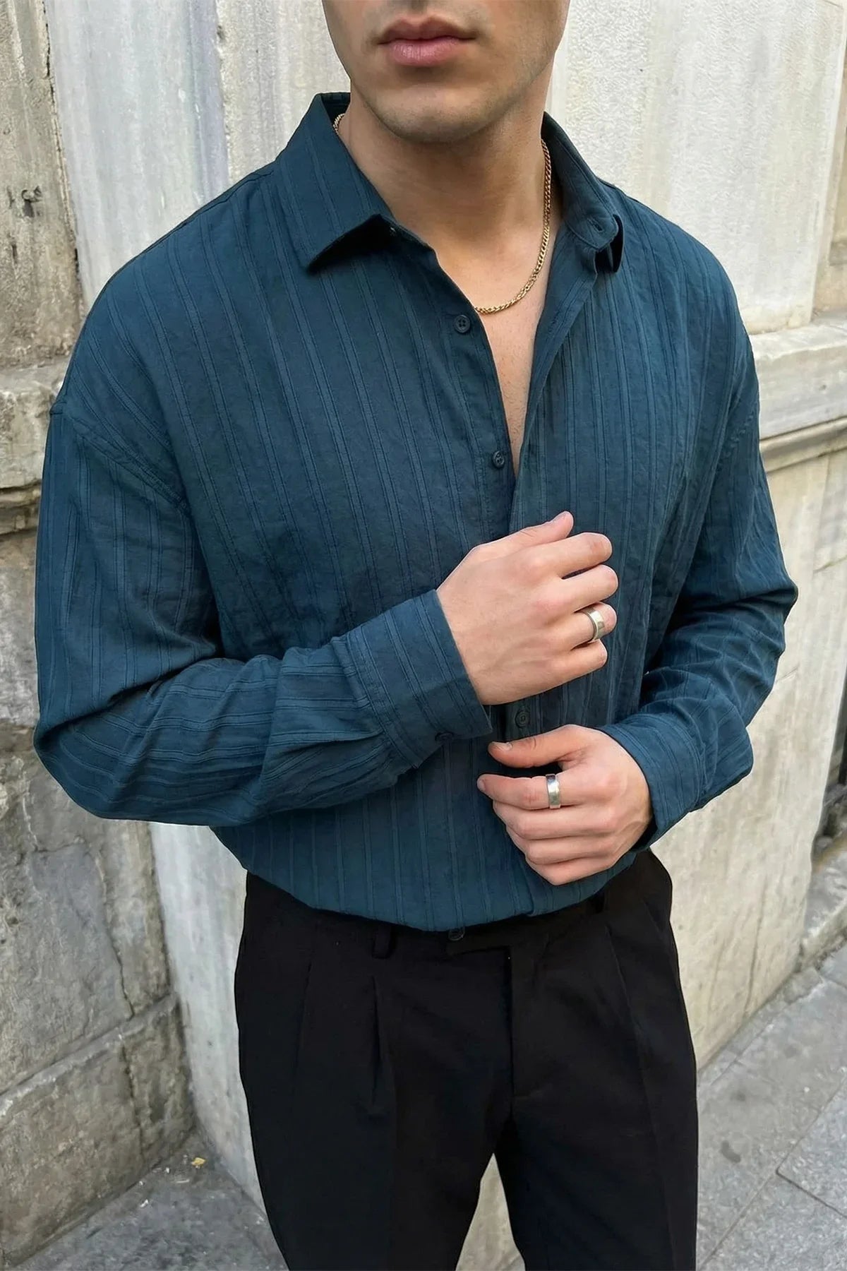 Maze Premium Oversize Erkek Gömlek Dokulu Çizgili - Livio Ferri