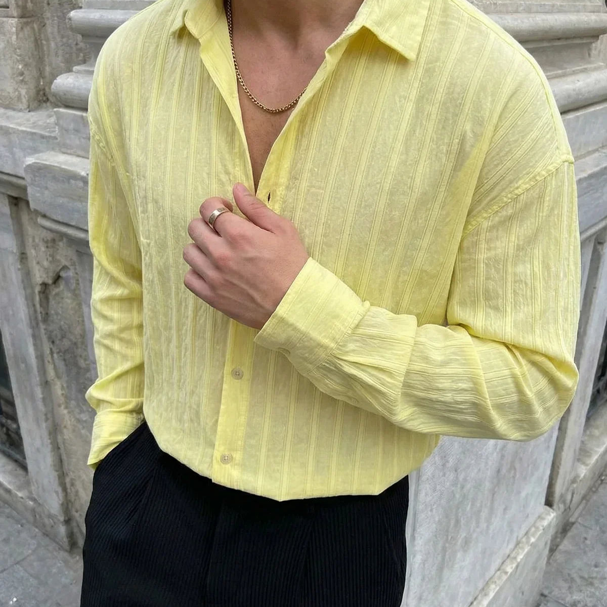 Maze Premium Oversize Erkek Gömlek Dokulu Çizgili - Livio Ferri