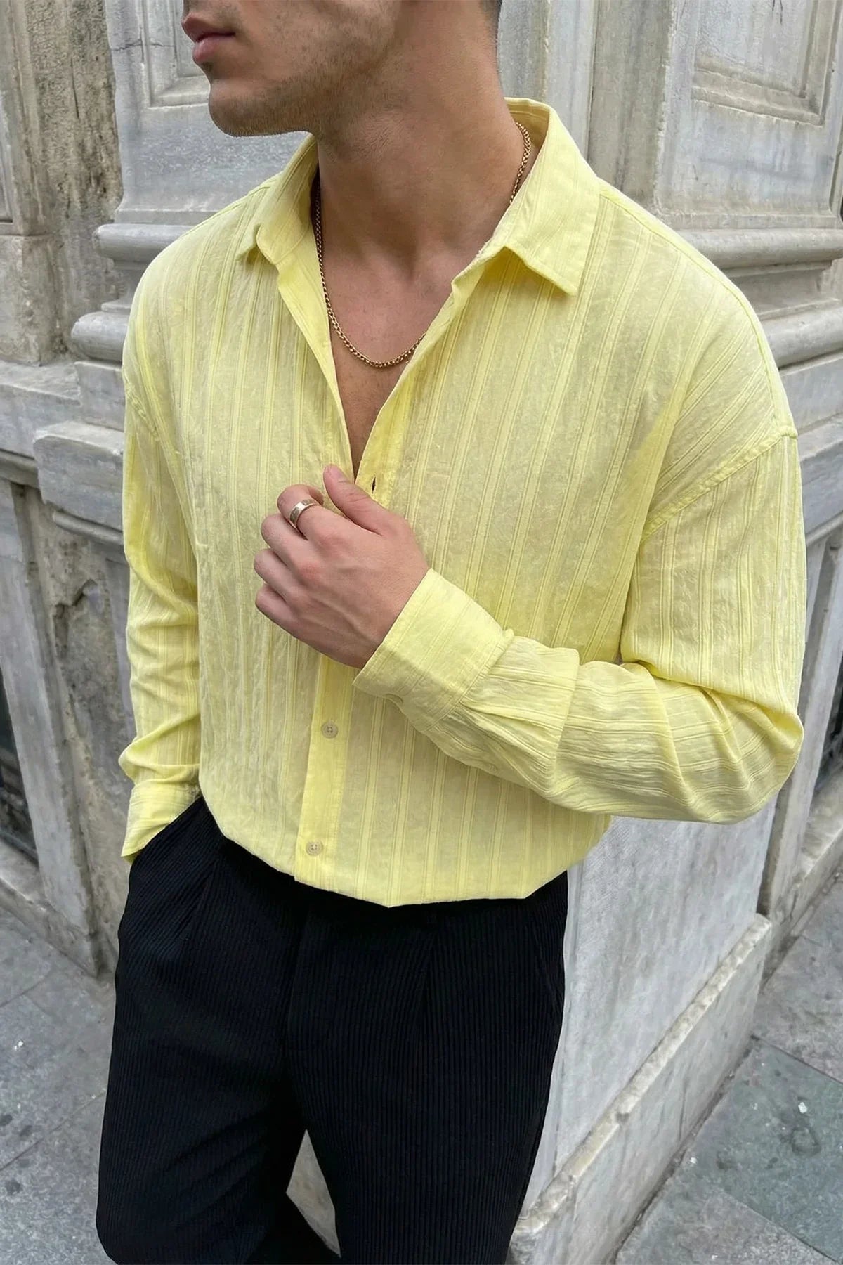 Maze Premium Oversize Erkek Gömlek Dokulu Çizgili - Livio Ferri