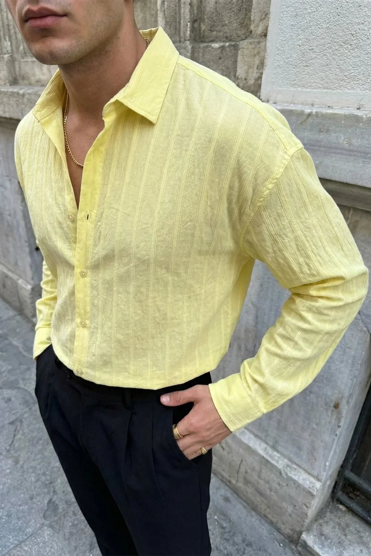 Maze Premium Oversize Erkek Gömlek Dokulu Çizgili - Livio Ferri