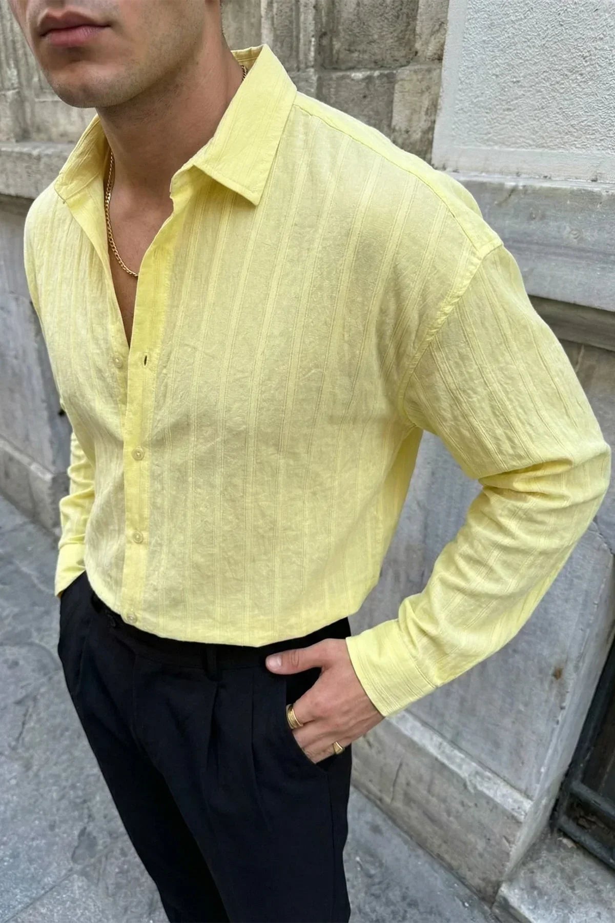 Maze Premium Oversize Erkek Gömlek Dokulu Çizgili - Livio Ferri