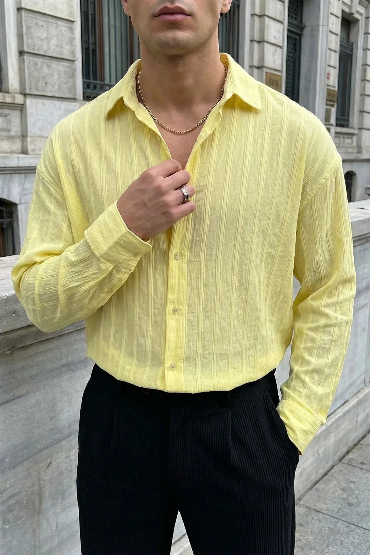 Maze Premium Oversize Erkek Gömlek Dokulu Çizgili - Livio Ferri