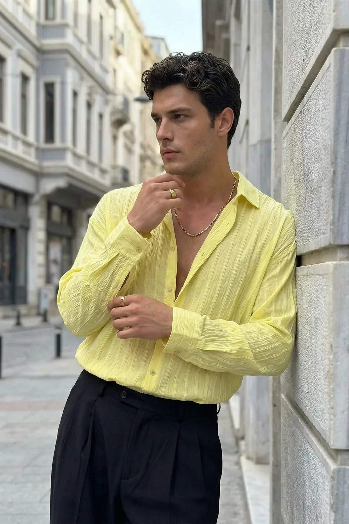 Maze Premium Oversize Erkek Gömlek Dokulu Çizgili - Livio Ferri