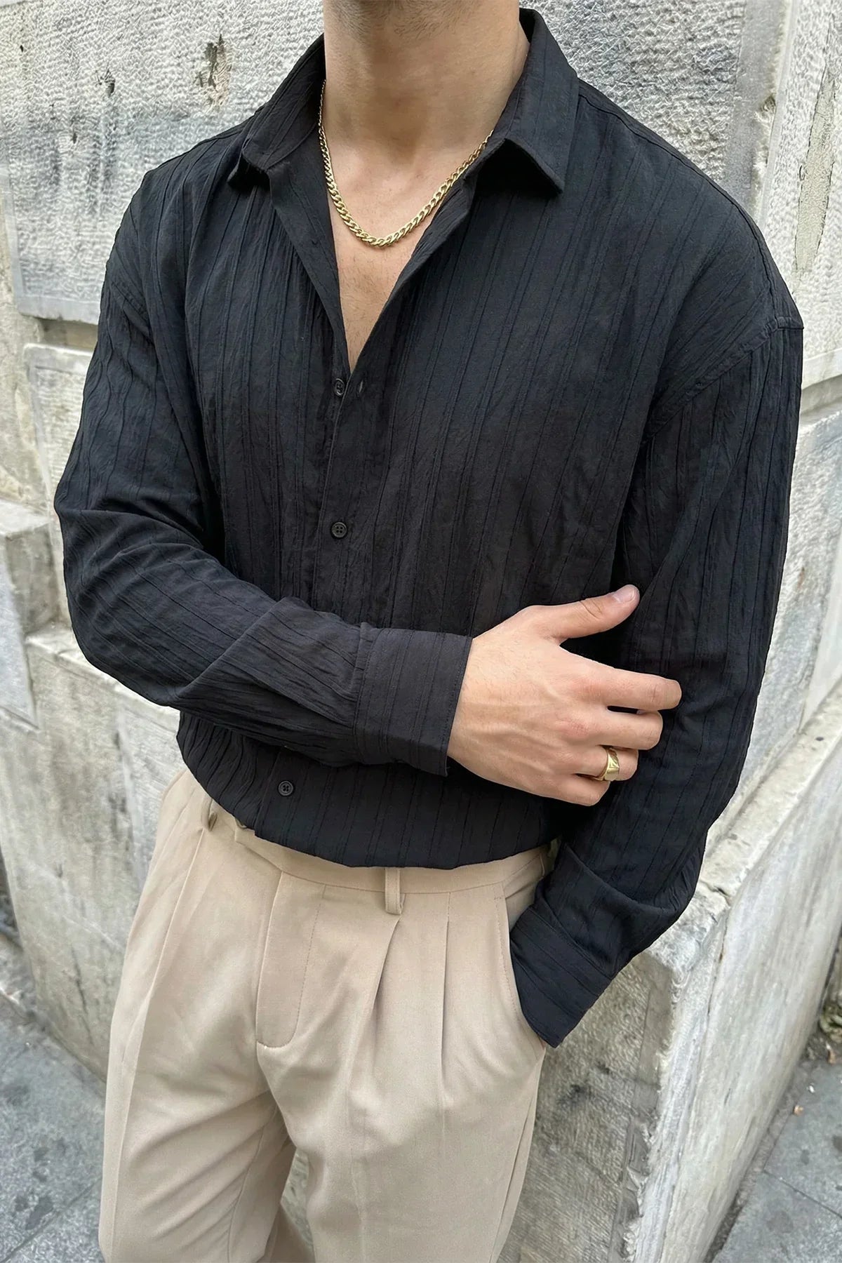 Maze Premium Oversize Erkek Gömlek Dokulu Çizgili - Livio Ferri