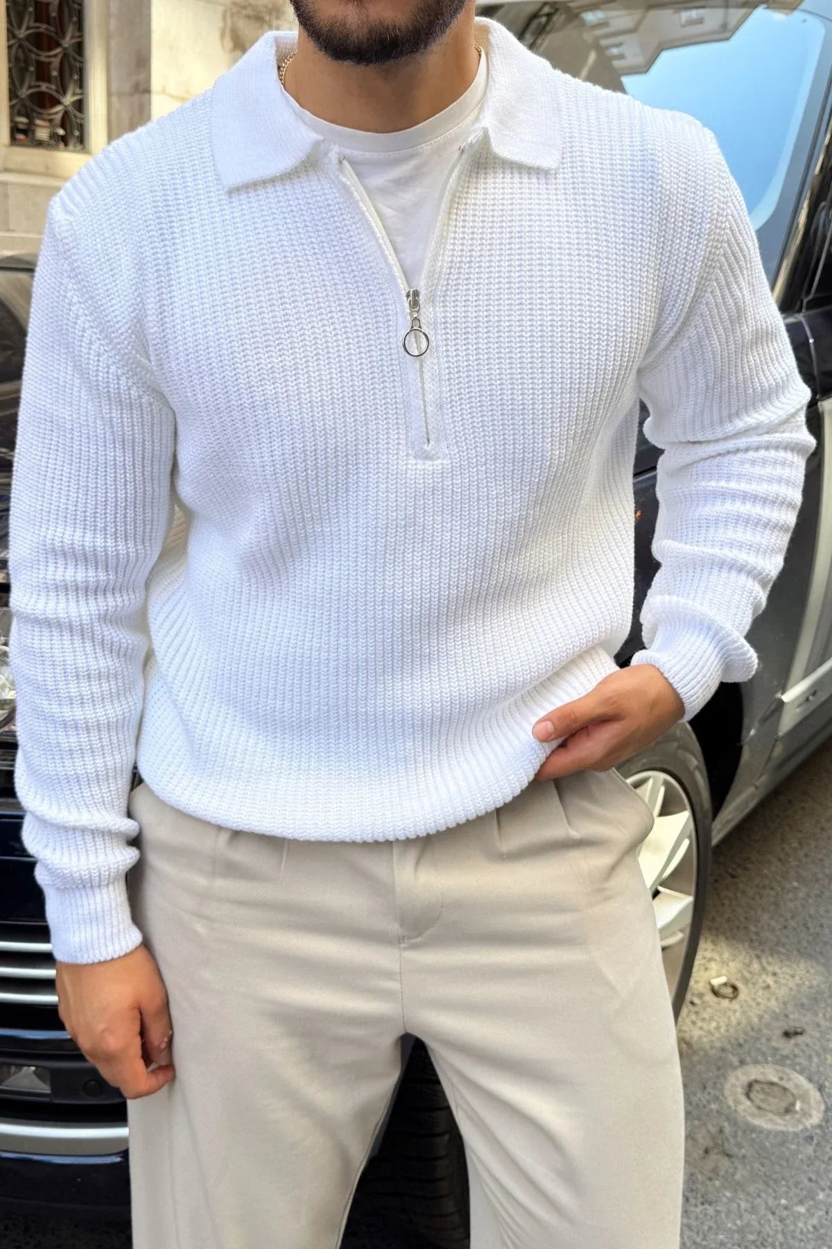 Mena Erkek Polo Yaka Selanik Örgü Yarım Fermuarlı Kalın Triko Kazak - Livio Ferri