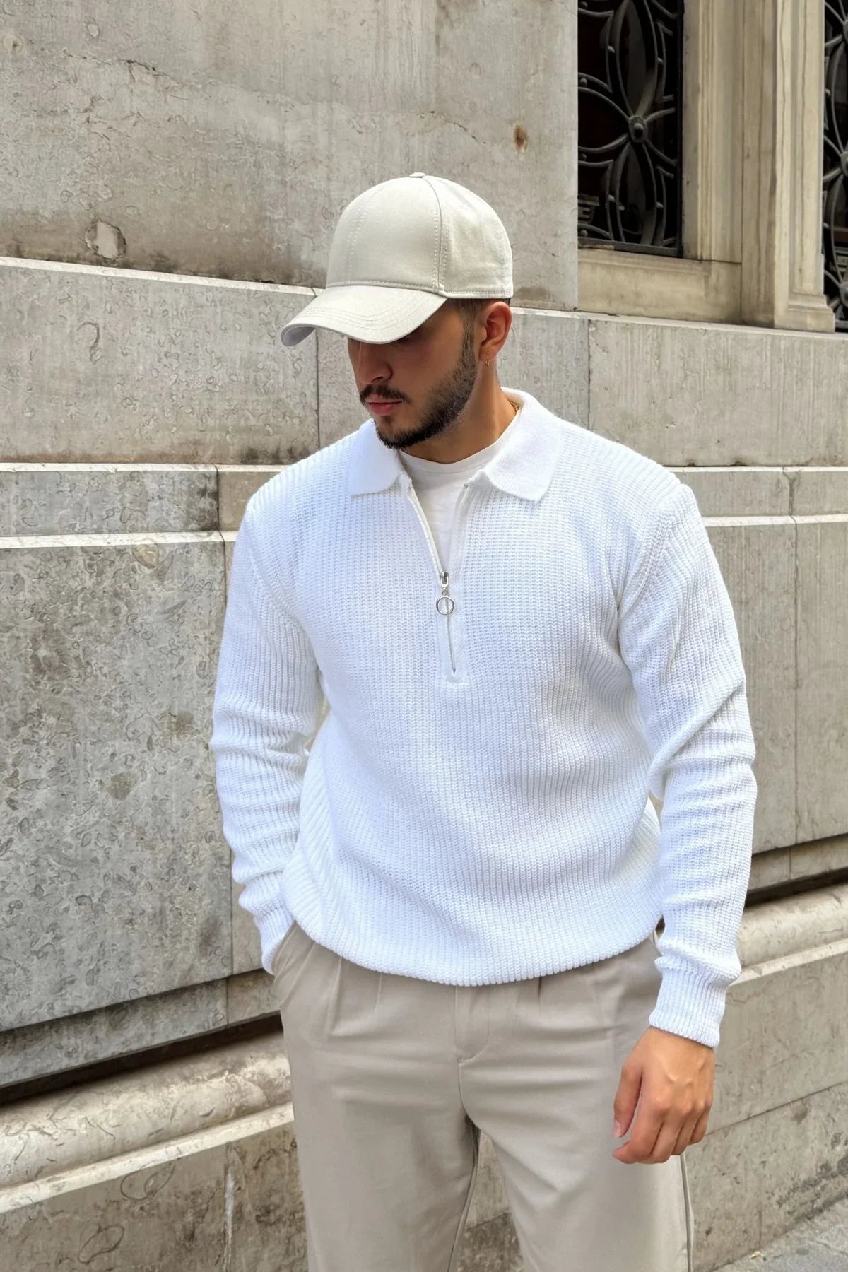 Mena Erkek Polo Yaka Selanik Örgü Yarım Fermuarlı Kalın Triko Kazak - Livio Ferri