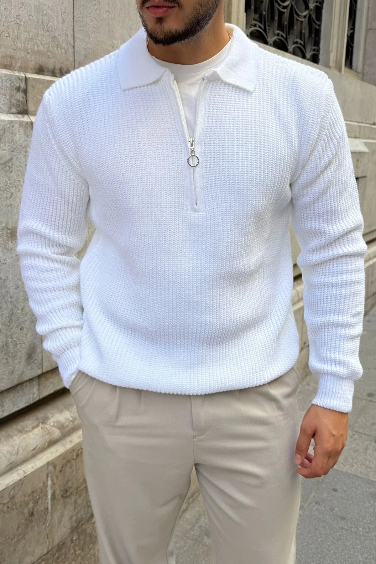 Mena Erkek Polo Yaka Selanik Örgü Yarım Fermuarlı Kalın Triko Kazak - Livio Ferri