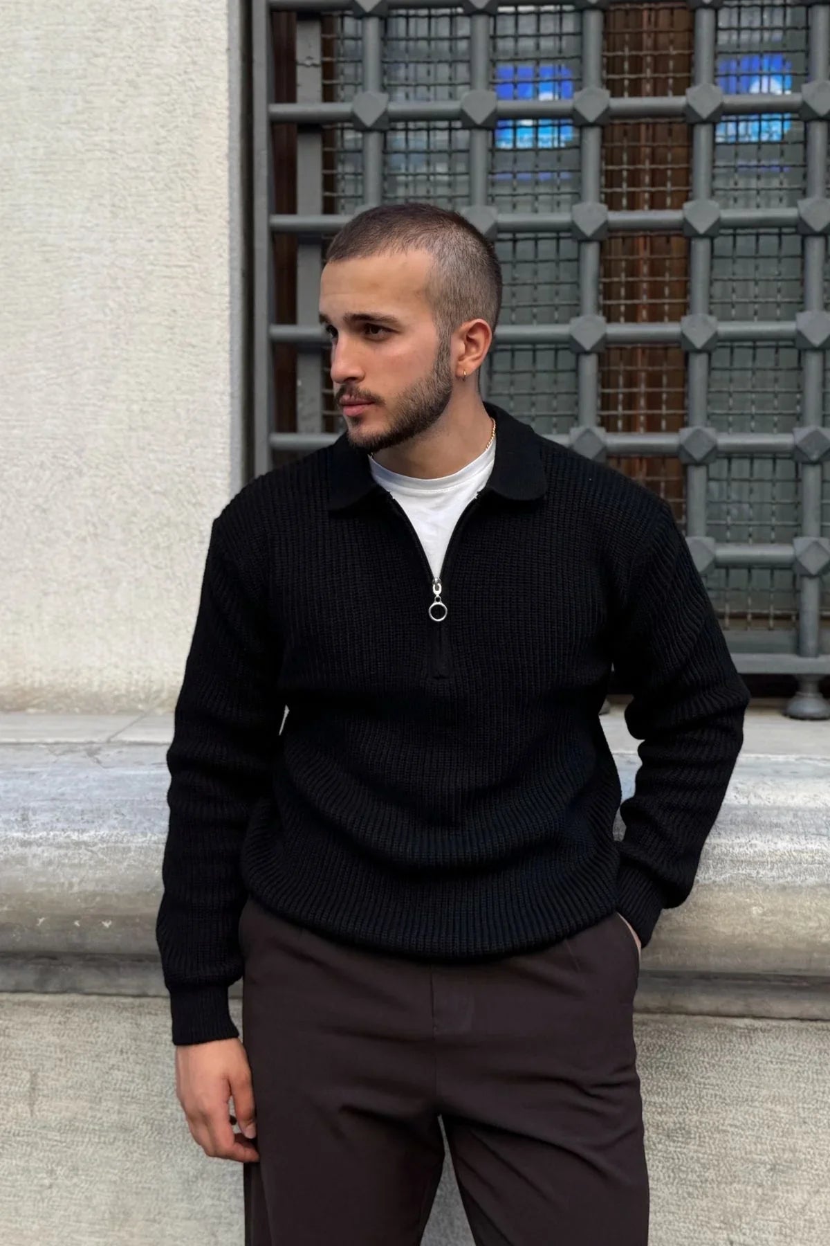 Mena Erkek Polo Yaka Selanik Örgü Yarım Fermuarlı Kalın Triko Kazak - Livio Ferri