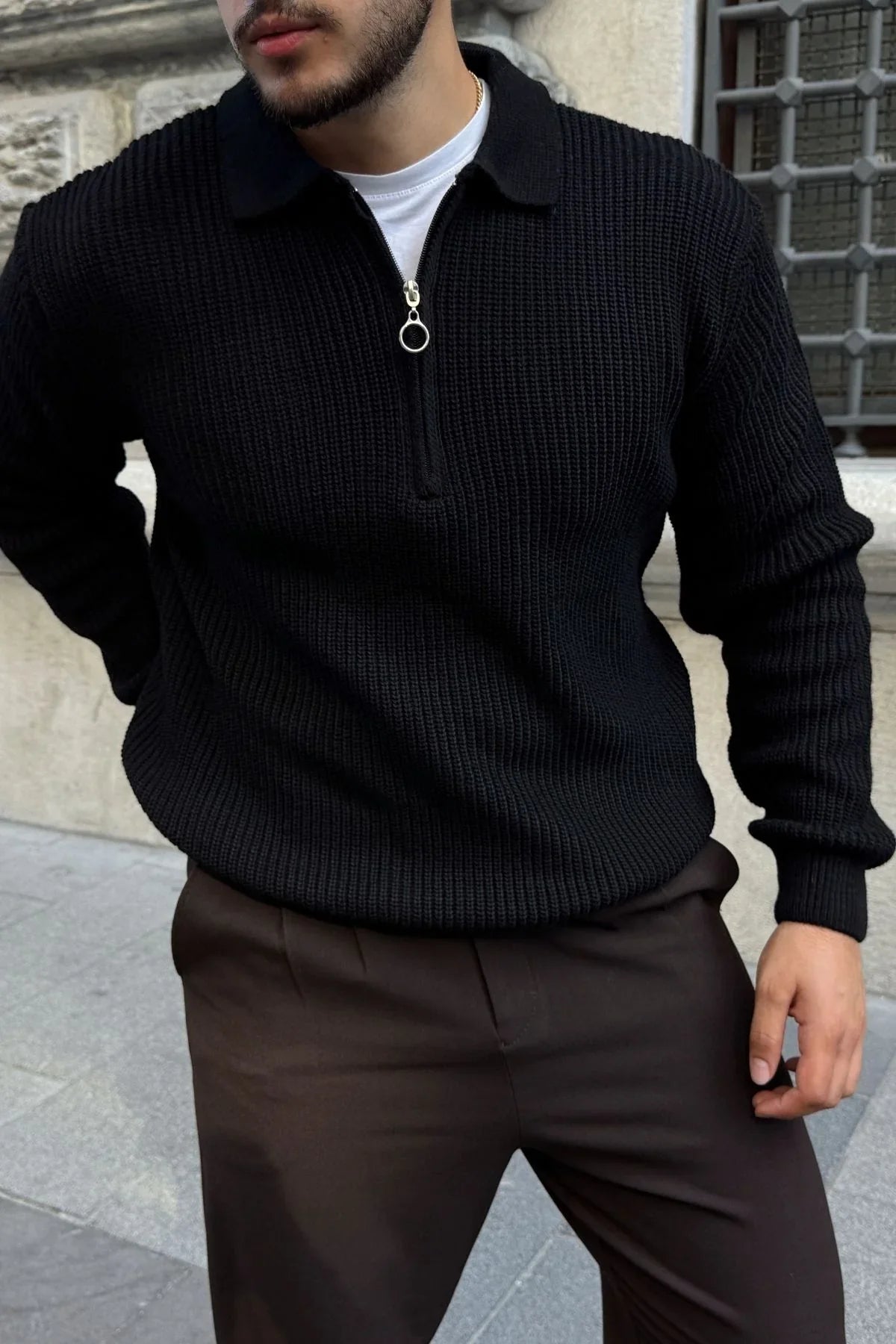 Mena Erkek Polo Yaka Selanik Örgü Yarım Fermuarlı Kalın Triko Kazak - Livio Ferri