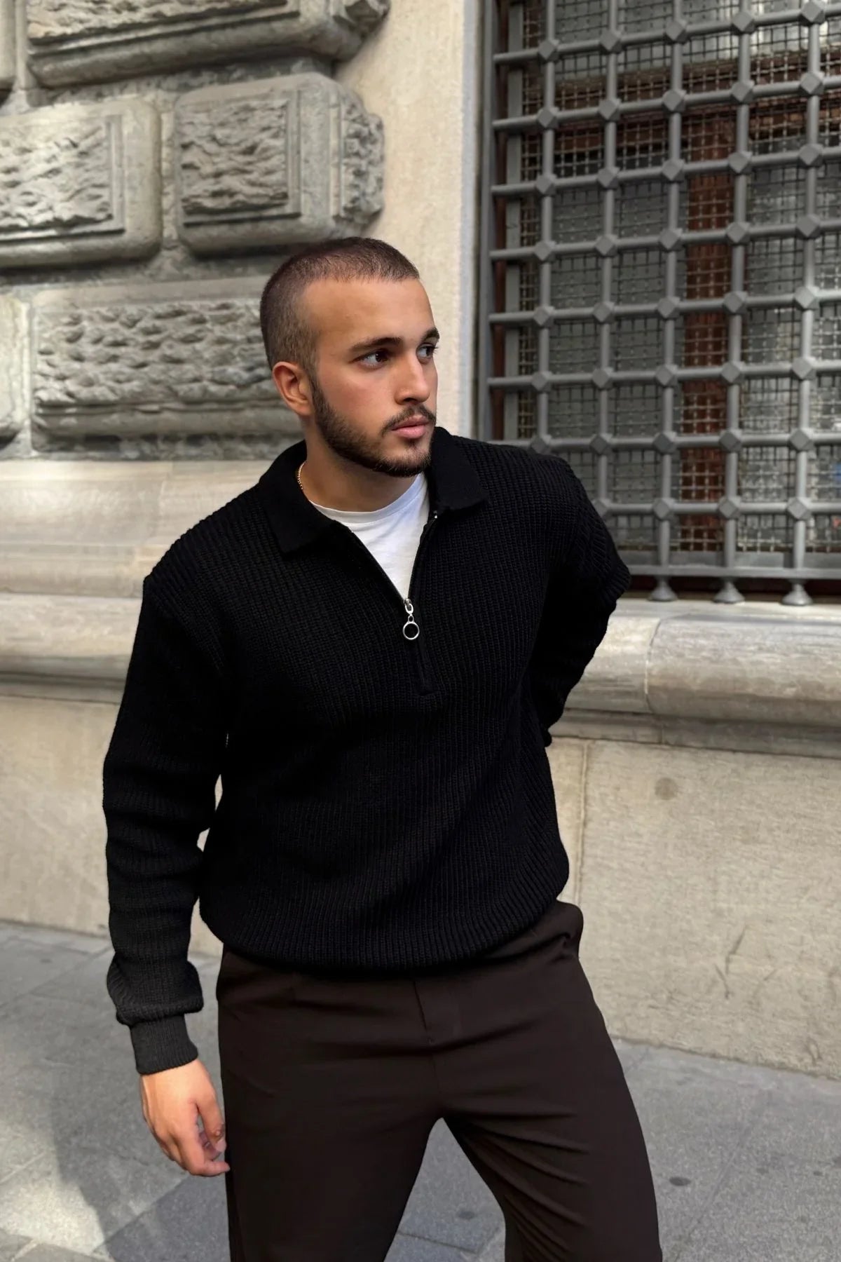 Mena Erkek Polo Yaka Selanik Örgü Yarım Fermuarlı Kalın Triko Kazak - Livio Ferri