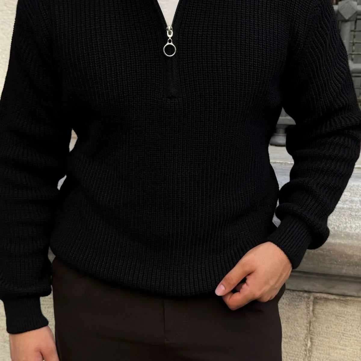 Mena Erkek Polo Yaka Selanik Örgü Yarım Fermuarlı Kalın Triko Kazak - Livio Ferri