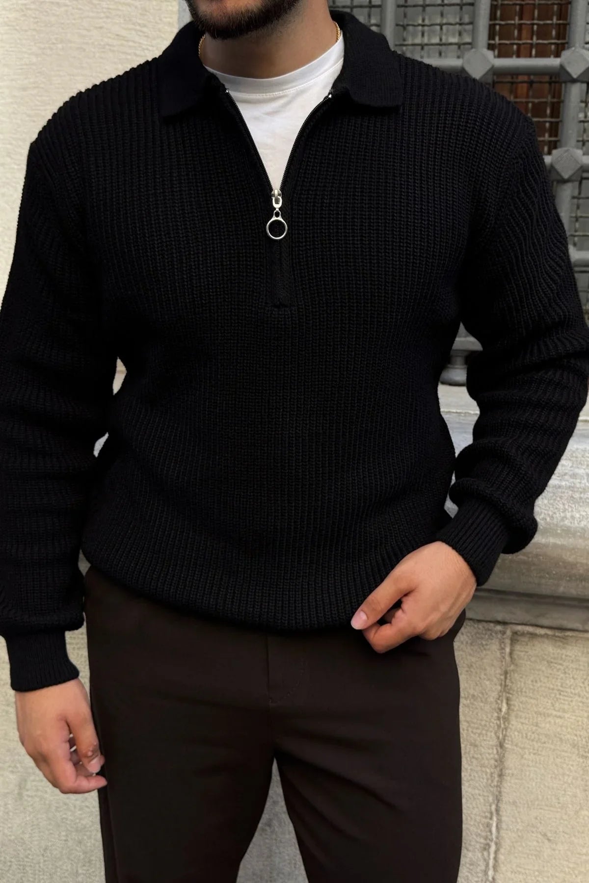 Mena Erkek Polo Yaka Selanik Örgü Yarım Fermuarlı Kalın Triko Kazak - Livio Ferri