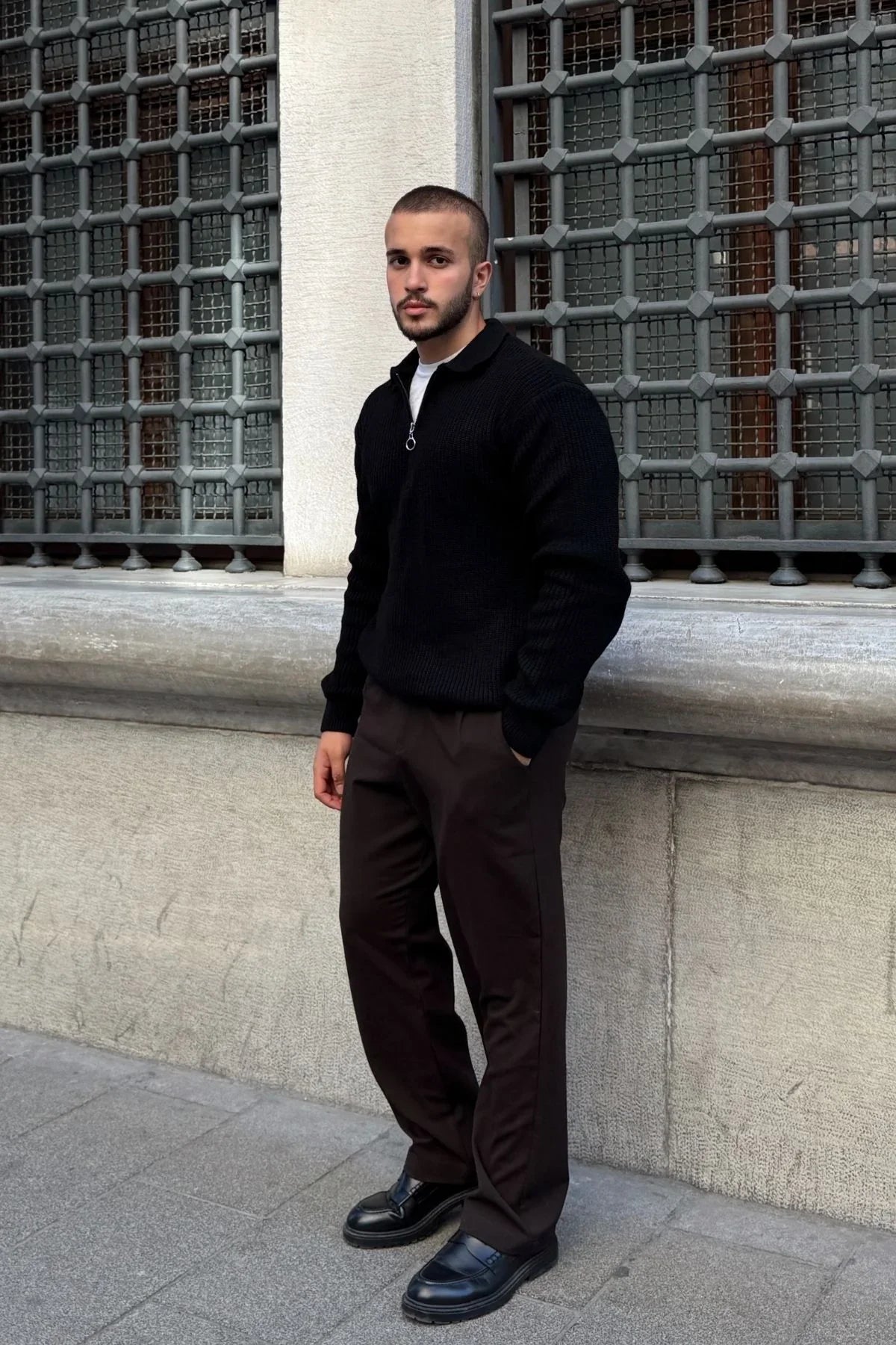 Mena Erkek Polo Yaka Selanik Örgü Yarım Fermuarlı Kalın Triko Kazak - Livio Ferri