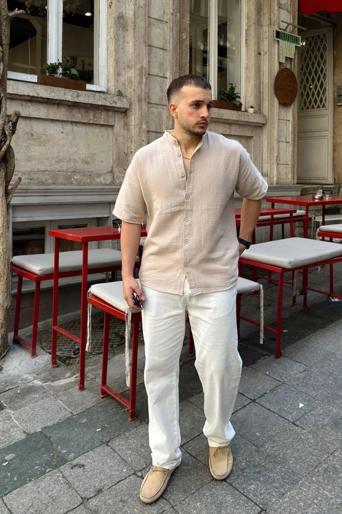 Mingan Erkek Yazlık Pamuk Gömlek Hakim Yaka kısa kol Düğmeli Rahat Kalıp - Livio Ferri