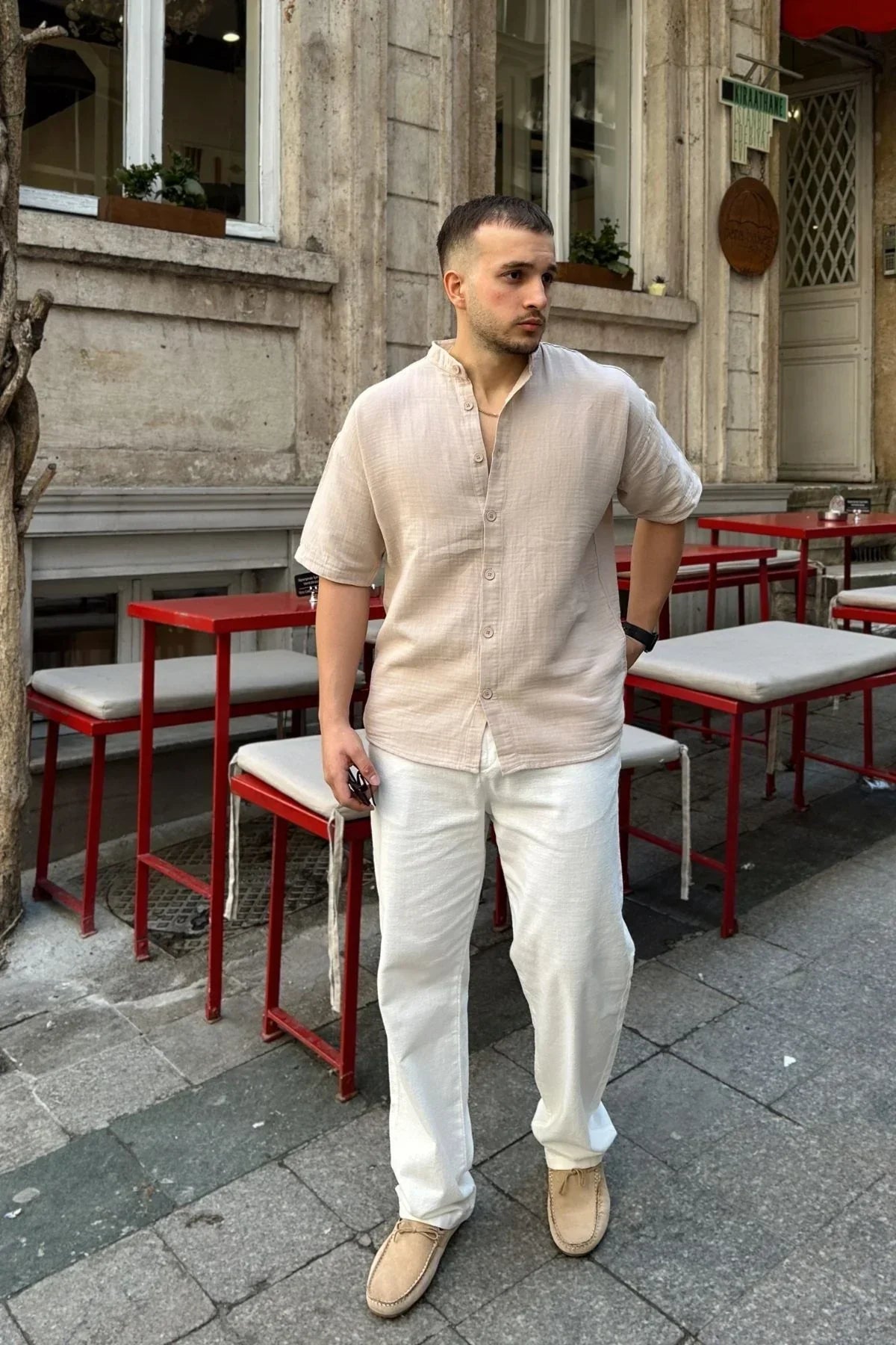 Mingan Erkek Yazlık Pamuk Gömlek Hakim Yaka kısa kol Düğmeli Rahat Kalıp - Livio Ferri