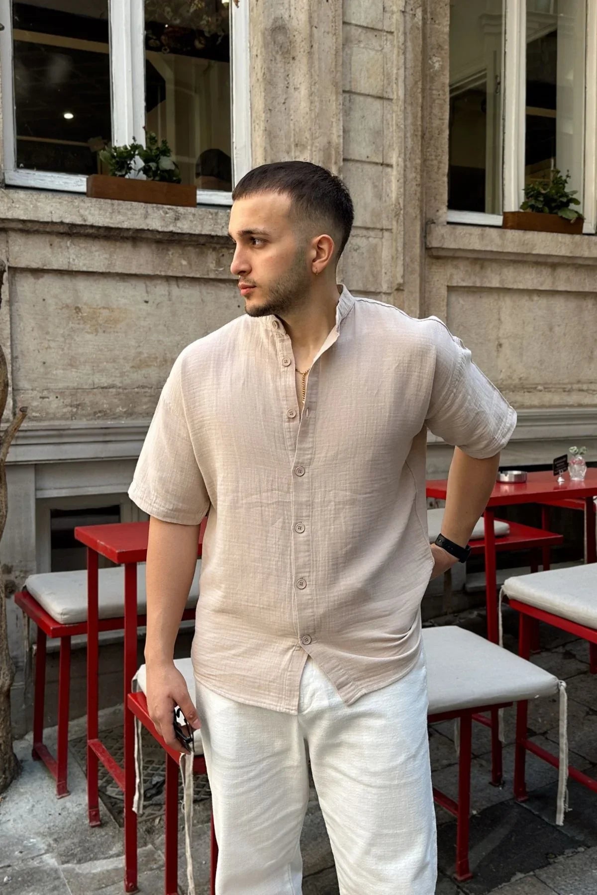 Mingan Erkek Yazlık Pamuk Gömlek Hakim Yaka kısa kol Düğmeli Rahat Kalıp - Livio Ferri
