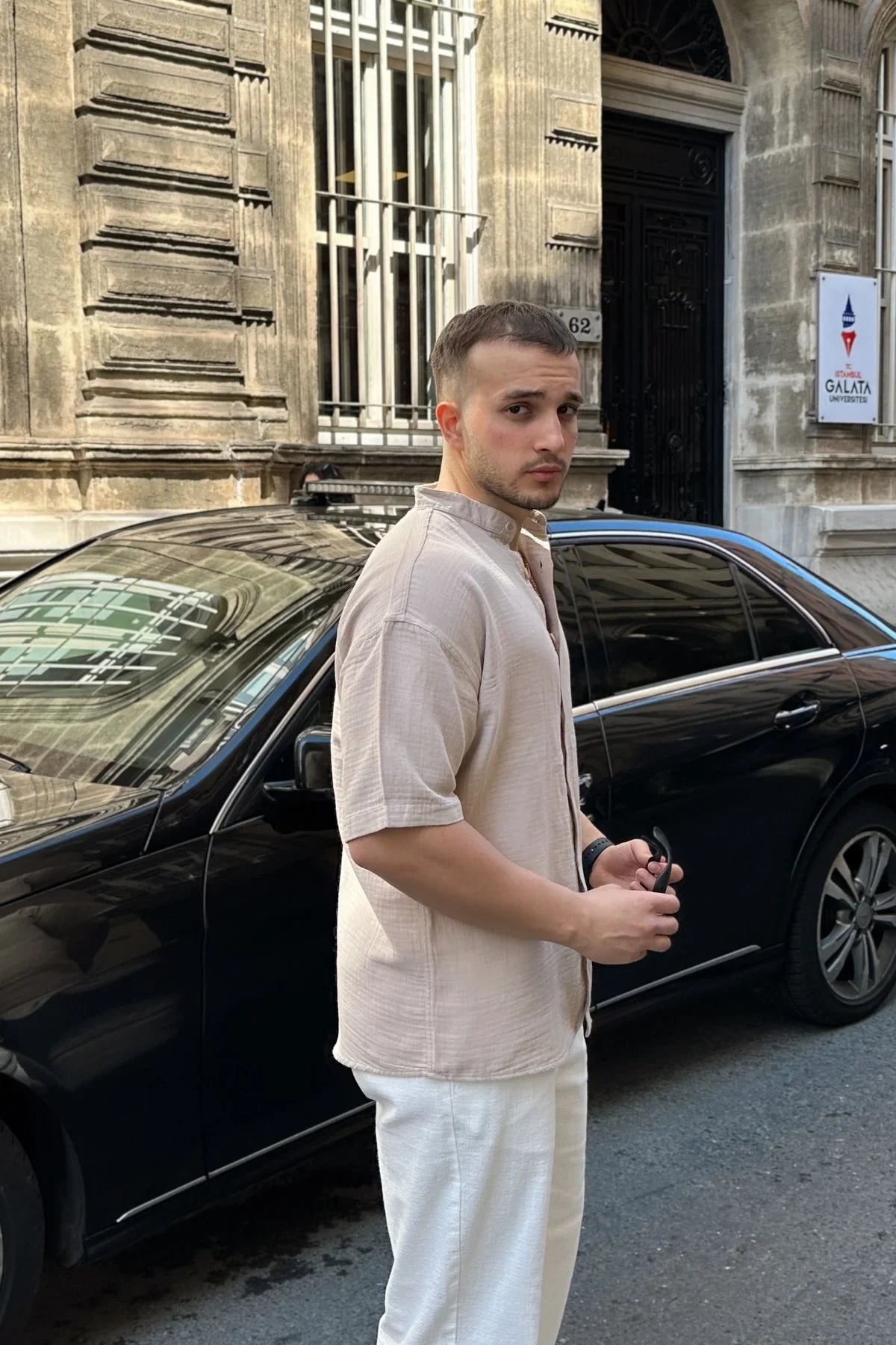 Mingan Erkek Yazlık Pamuk Gömlek Hakim Yaka kısa kol Düğmeli Rahat Kalıp - Livio Ferri