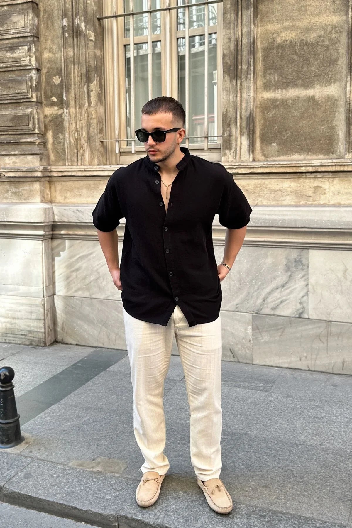 Mingan Erkek Yazlık Pamuk Gömlek Hakim Yaka kısa kol Düğmeli Rahat Kalıp - Livio Ferri