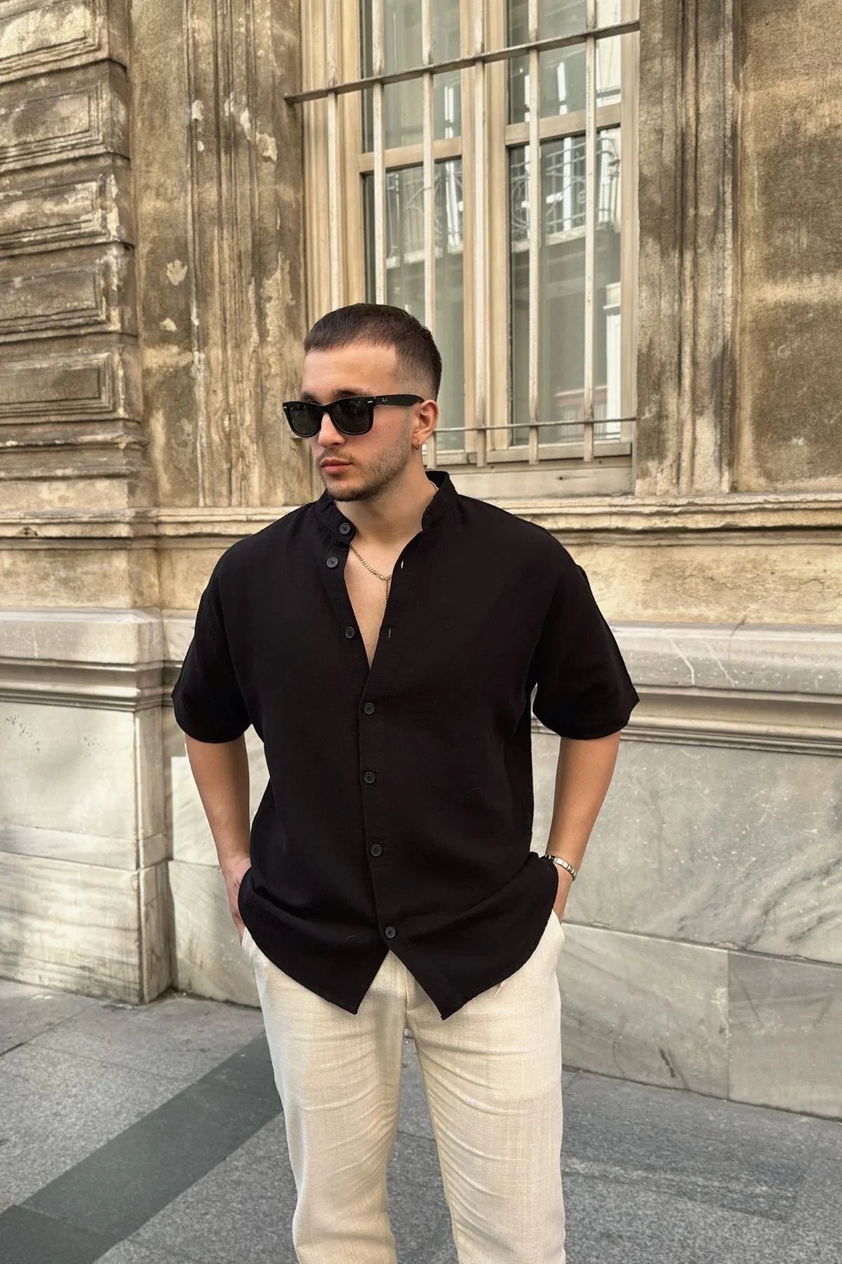 Mingan Erkek Yazlık Pamuk Gömlek Hakim Yaka kısa kol Düğmeli Rahat Kalıp - Livio Ferri