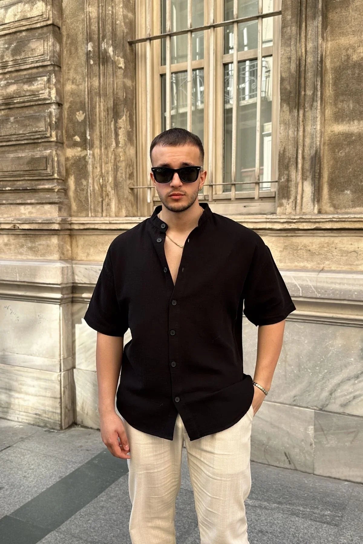 Mingan Erkek Yazlık Pamuk Gömlek Hakim Yaka kısa kol Düğmeli Rahat Kalıp - Livio Ferri