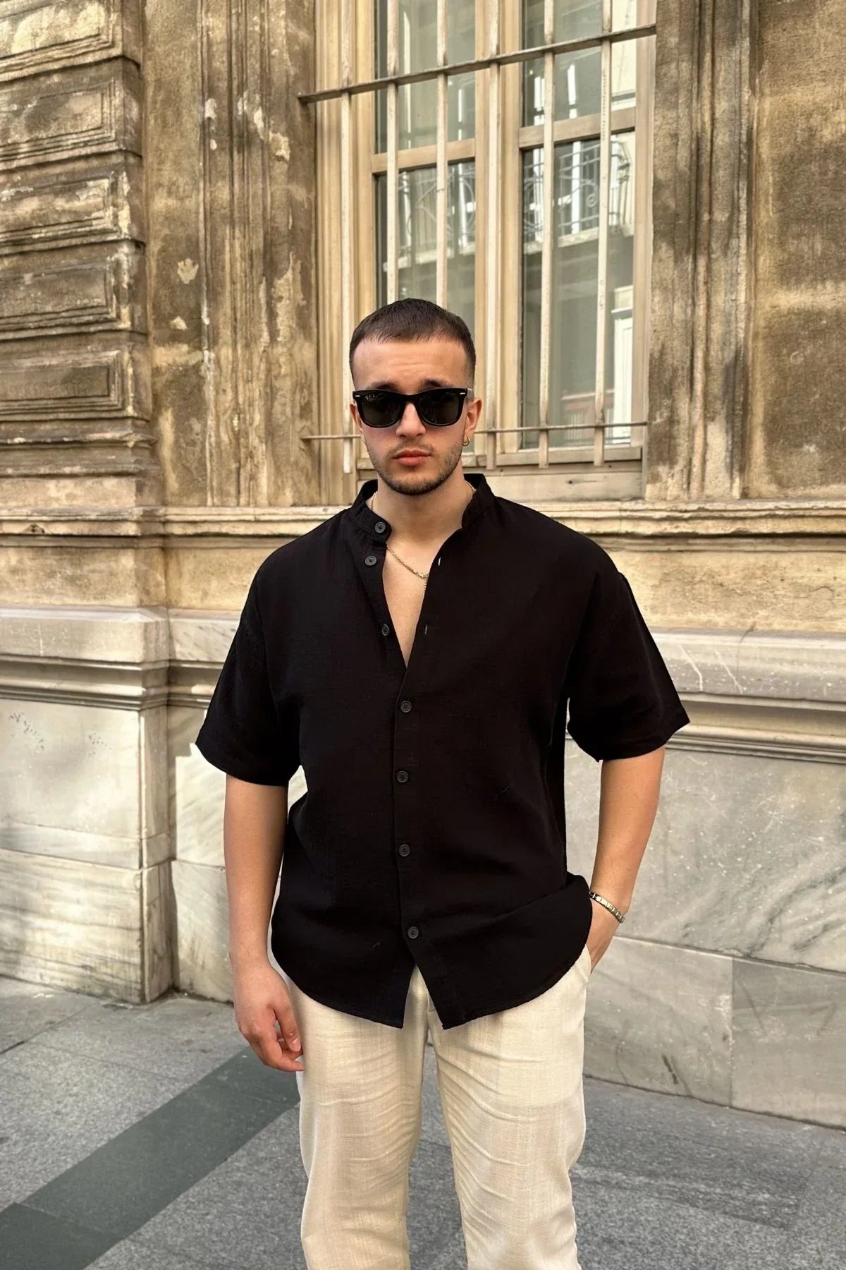 Mingan Erkek Yazlık Pamuk Gömlek Hakim Yaka kısa kol Düğmeli Rahat Kalıp - Livio Ferri