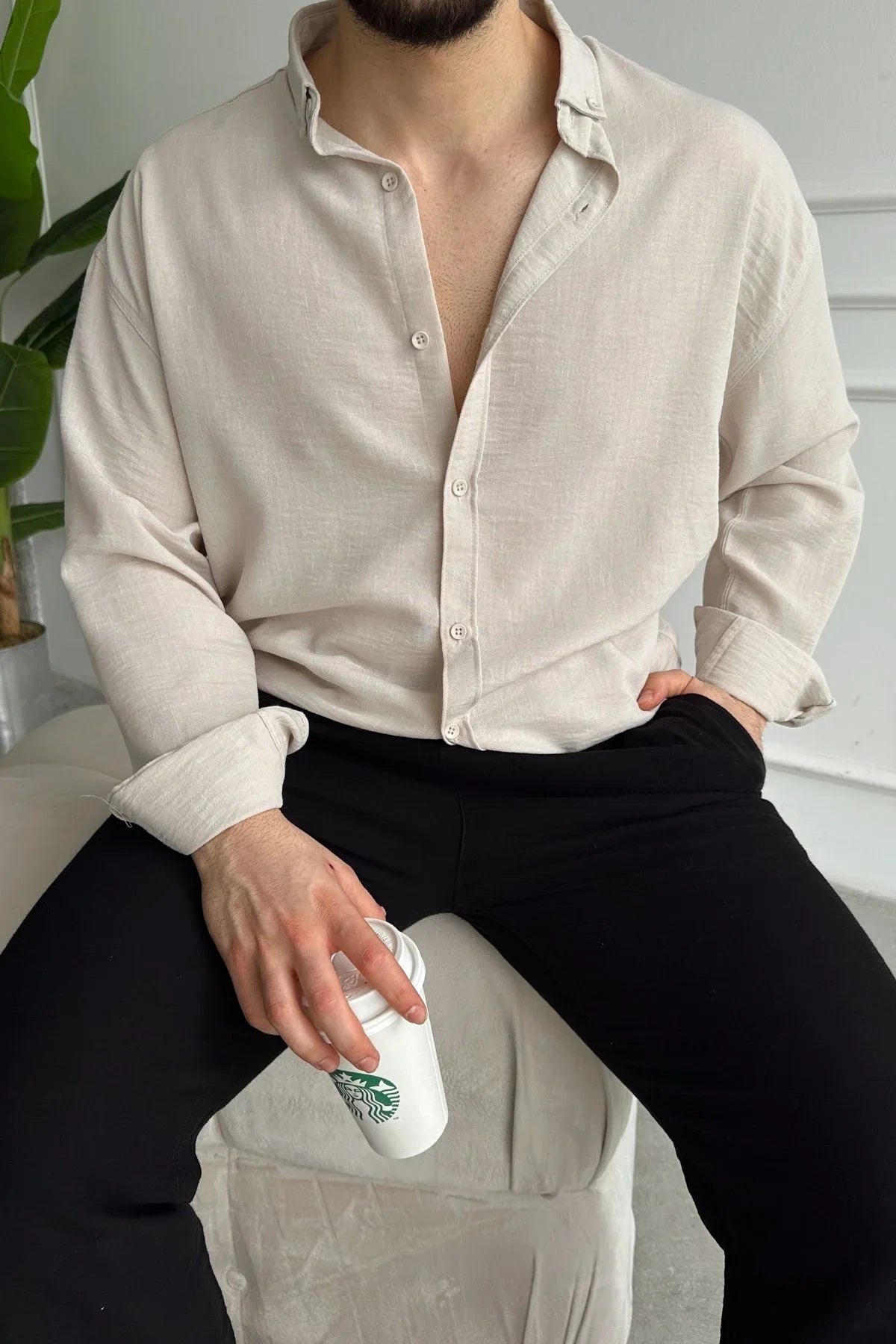 Napas Erkek Oversize Keten Görünümlü Gömlek - Livio Ferri