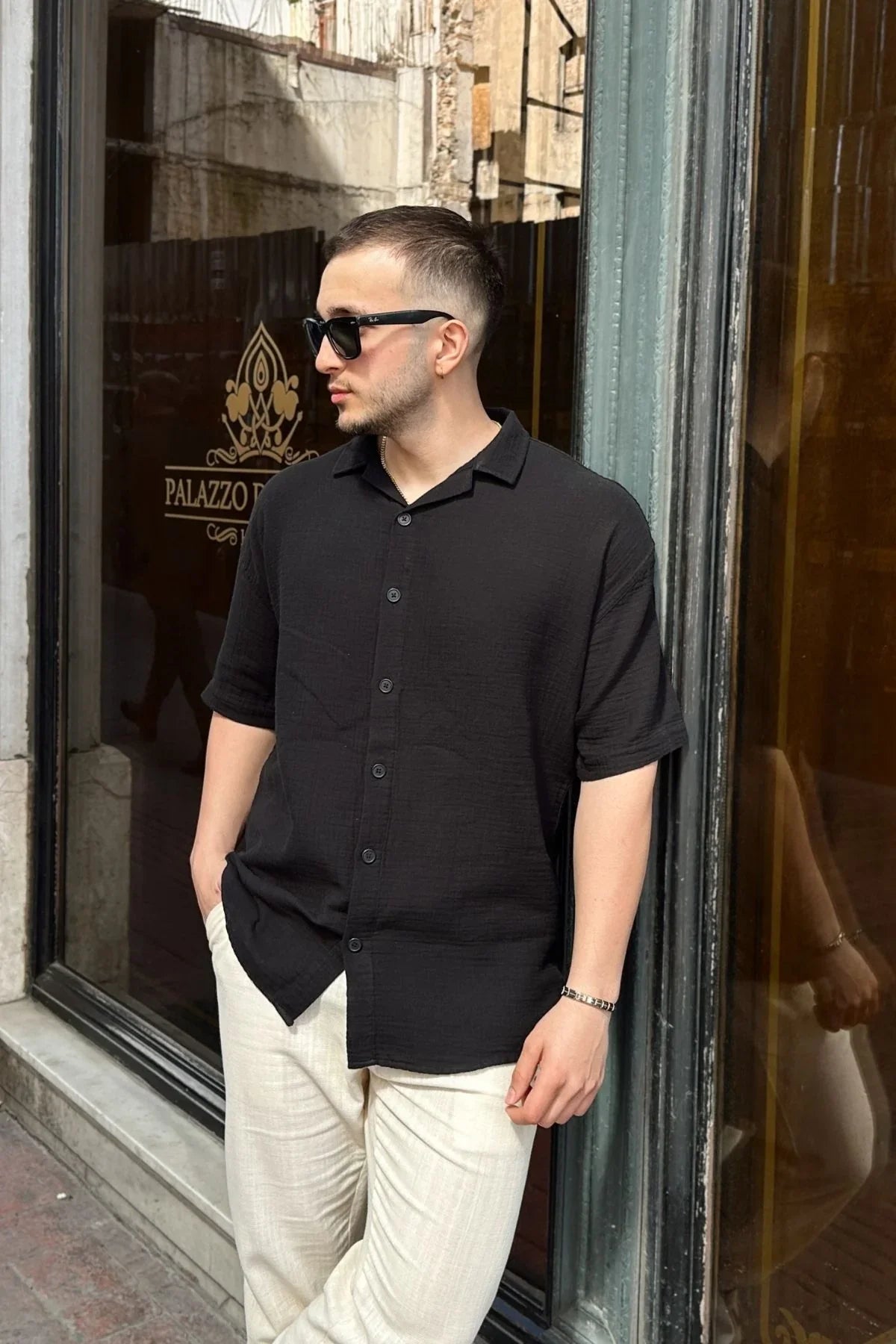 Nebel Erkek Yazlık Pamuk Gömlek Apaş Yaka Kısa Kollu, Düğmeli, Rahat Kalıp - Livio Ferri