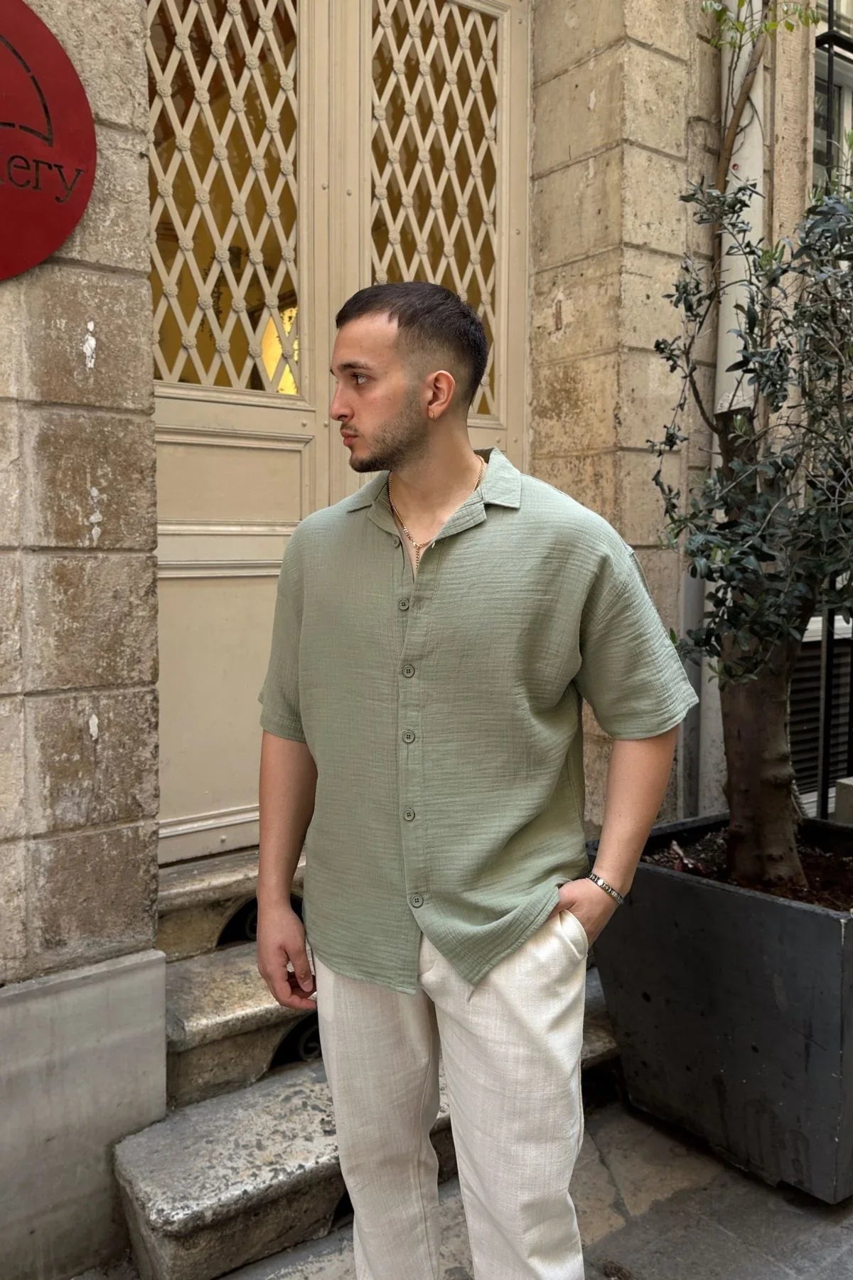 Nebel Erkek Yazlık Pamuk Gömlek Apaş Yaka Kısa Kollu, Düğmeli, Rahat Kalıp - Livio Ferri