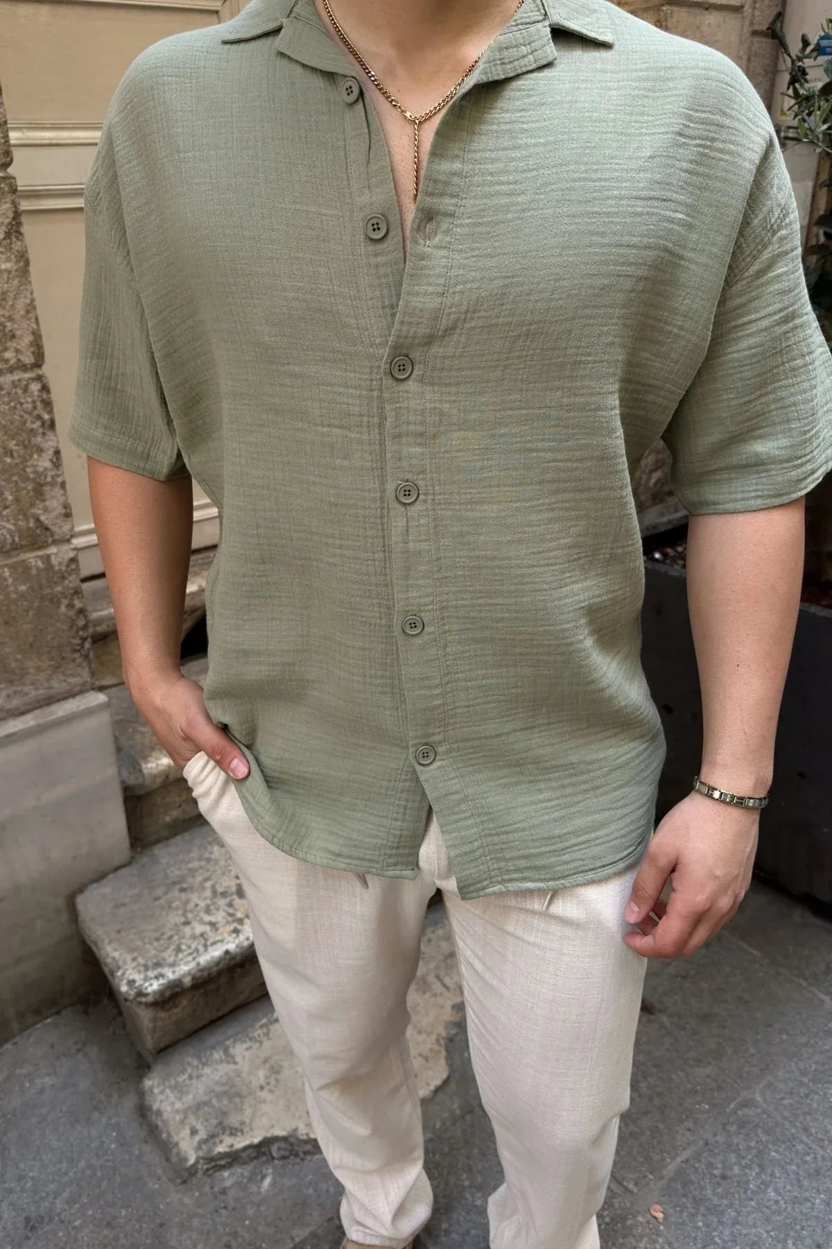 Nebel Erkek Yazlık Pamuk Gömlek Apaş Yaka Kısa Kollu, Düğmeli, Rahat Kalıp - Livio Ferri