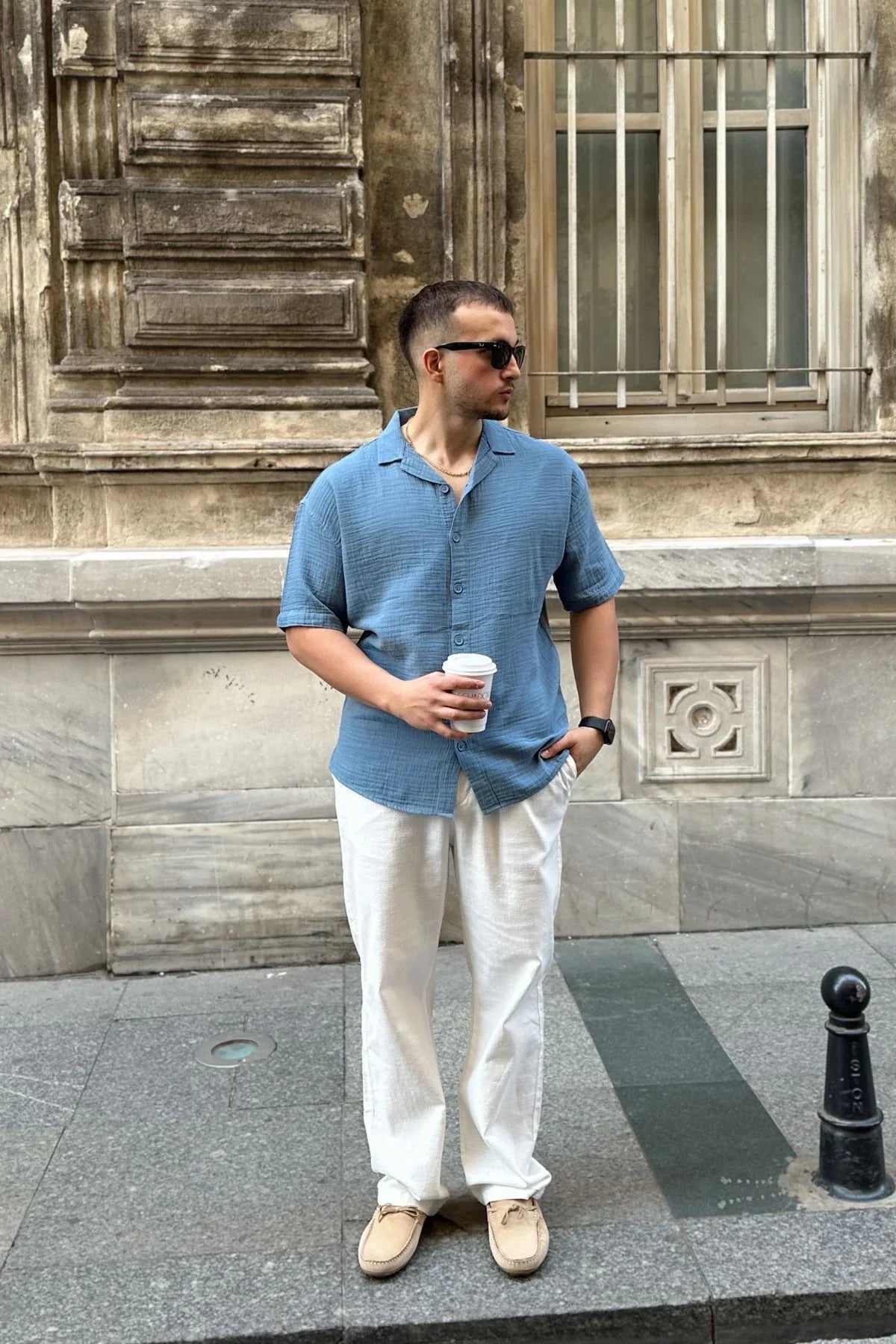 Nebel Erkek Yazlık Pamuk Gömlek Apaş Yaka Kısa Kollu, Düğmeli, Rahat Kalıp - Livio Ferri