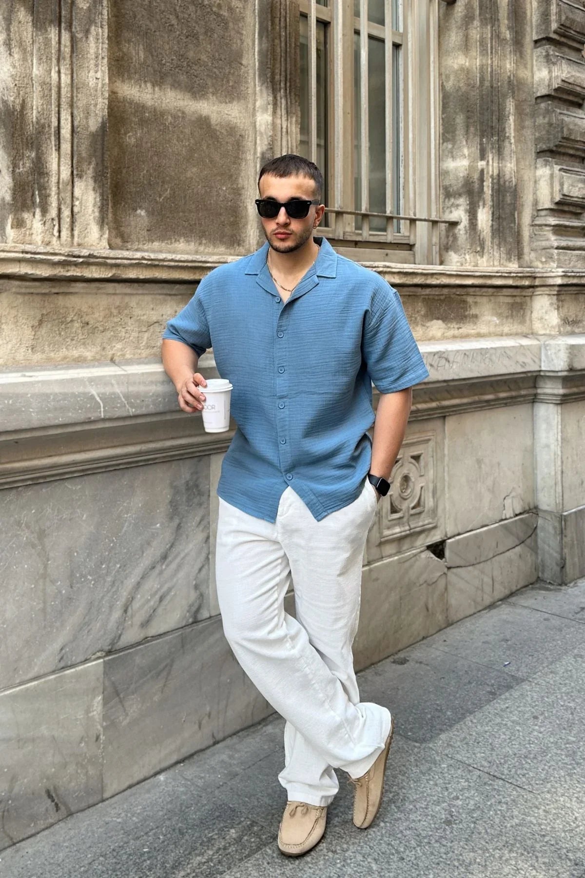 Nebel Erkek Yazlık Pamuk Gömlek Apaş Yaka Kısa Kollu, Düğmeli, Rahat Kalıp - Livio Ferri