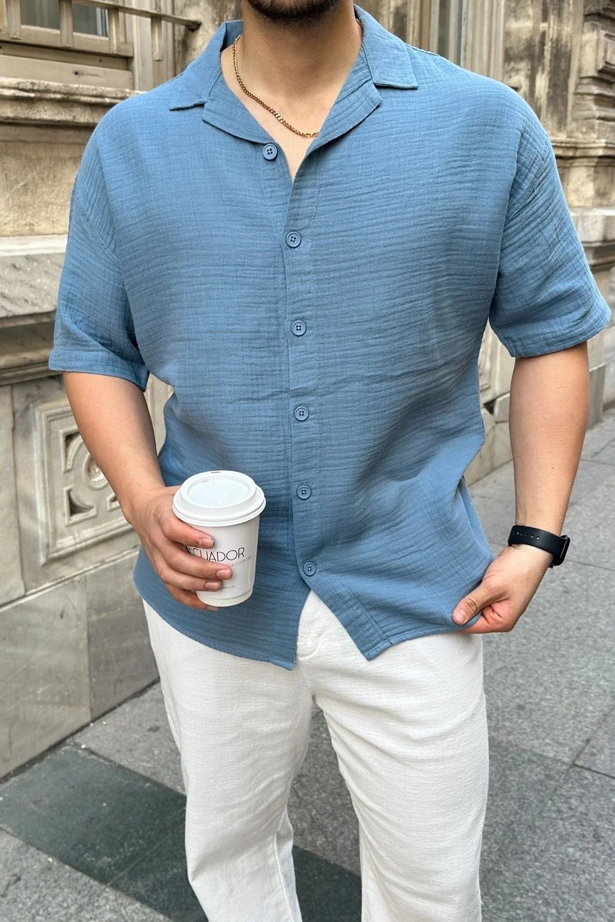 Nebel Erkek Yazlık Pamuk Gömlek Apaş Yaka Kısa Kollu, Düğmeli, Rahat Kalıp - Livio Ferri