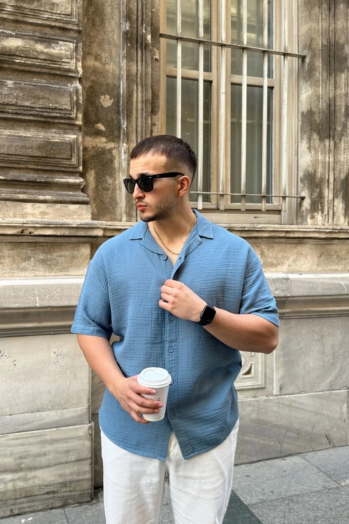 Nebel Erkek Yazlık Pamuk Gömlek Apaş Yaka Kısa Kollu, Düğmeli, Rahat Kalıp - Livio Ferri