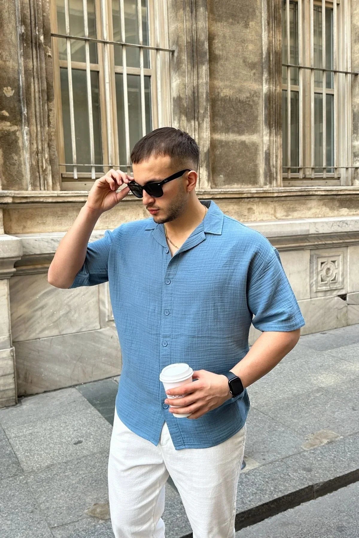 Nebel Erkek Yazlık Pamuk Gömlek Apaş Yaka Kısa Kollu, Düğmeli, Rahat Kalıp - Livio Ferri