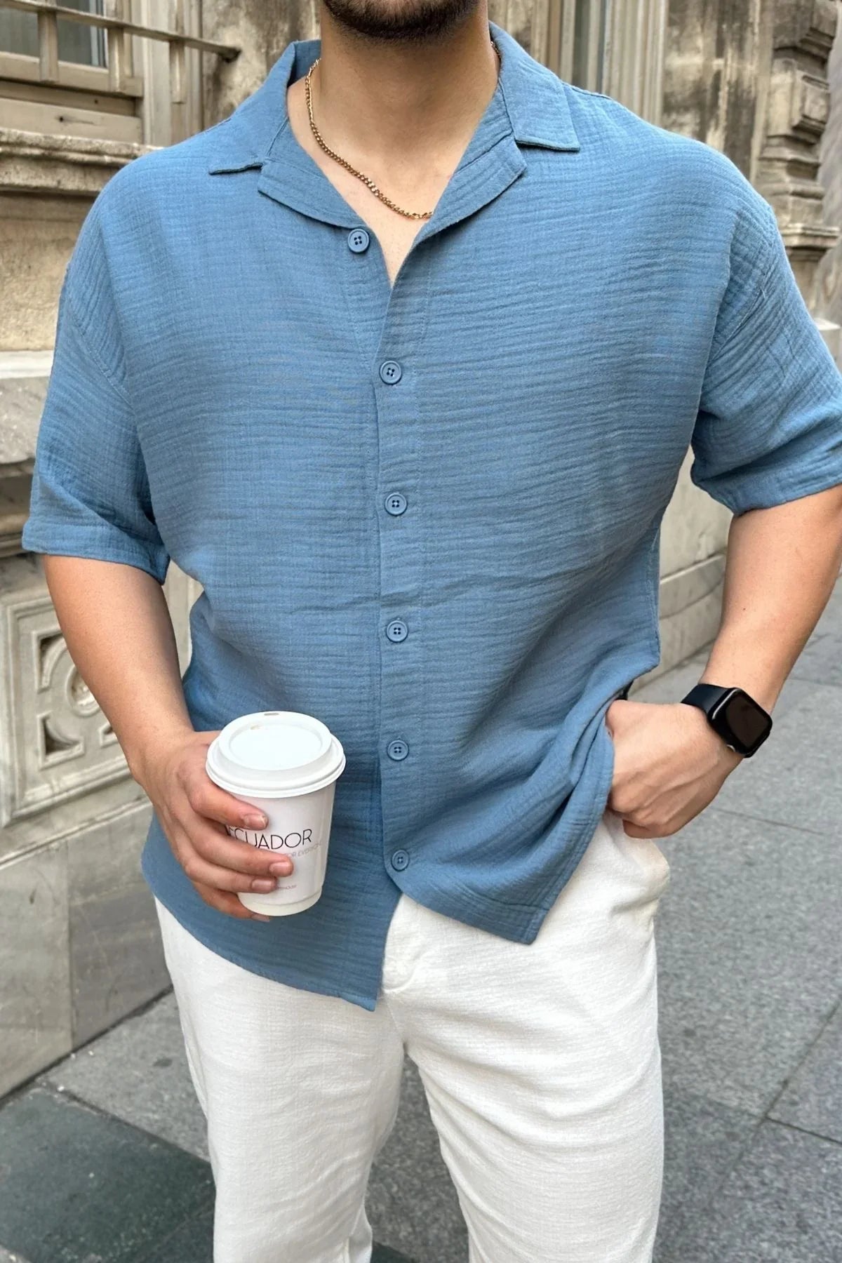 Nebel Erkek Yazlık Pamuk Gömlek Apaş Yaka Kısa Kollu, Düğmeli, Rahat Kalıp - Livio Ferri