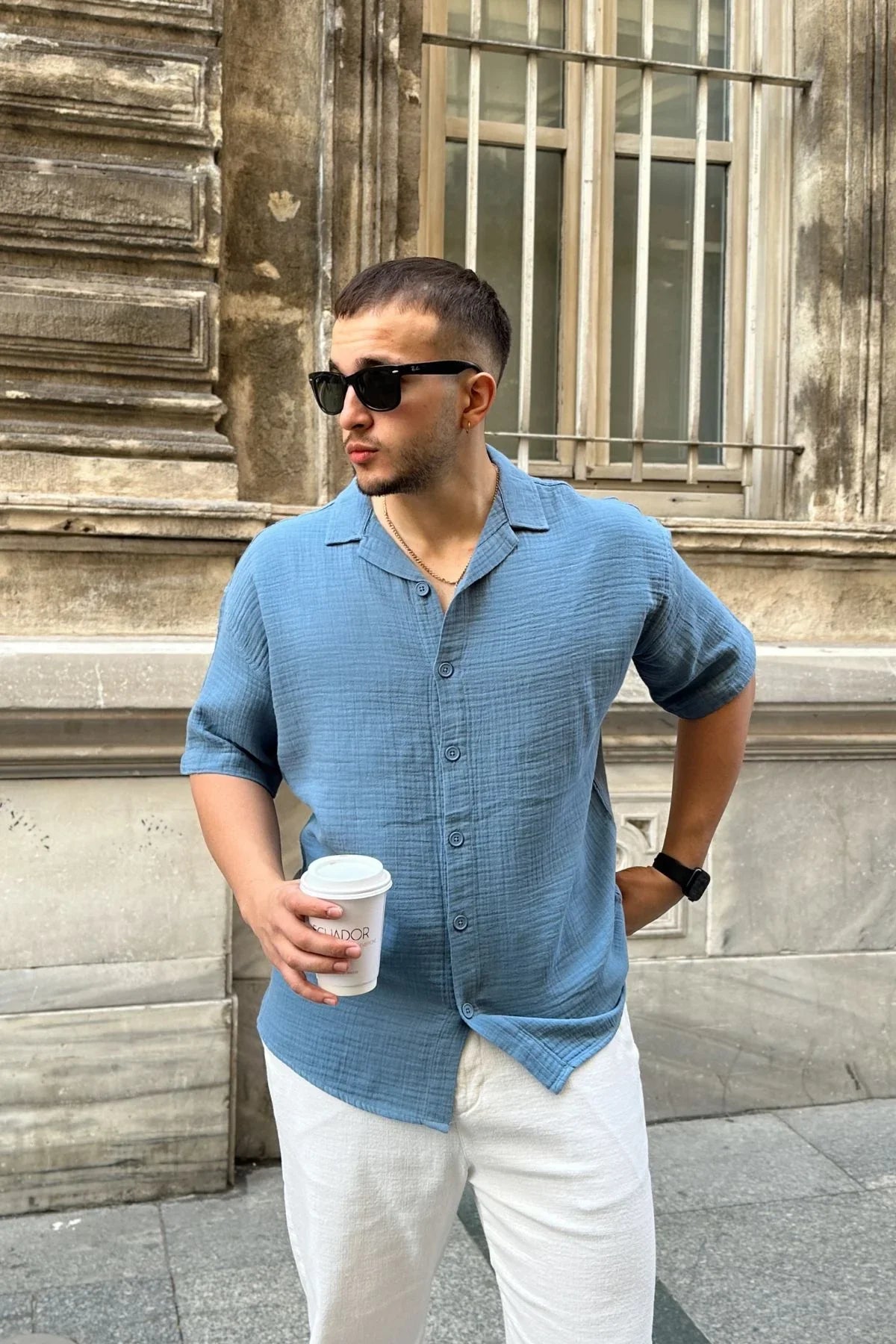 Nebel Erkek Yazlık Pamuk Gömlek Apaş Yaka Kısa Kollu, Düğmeli, Rahat Kalıp - Livio Ferri