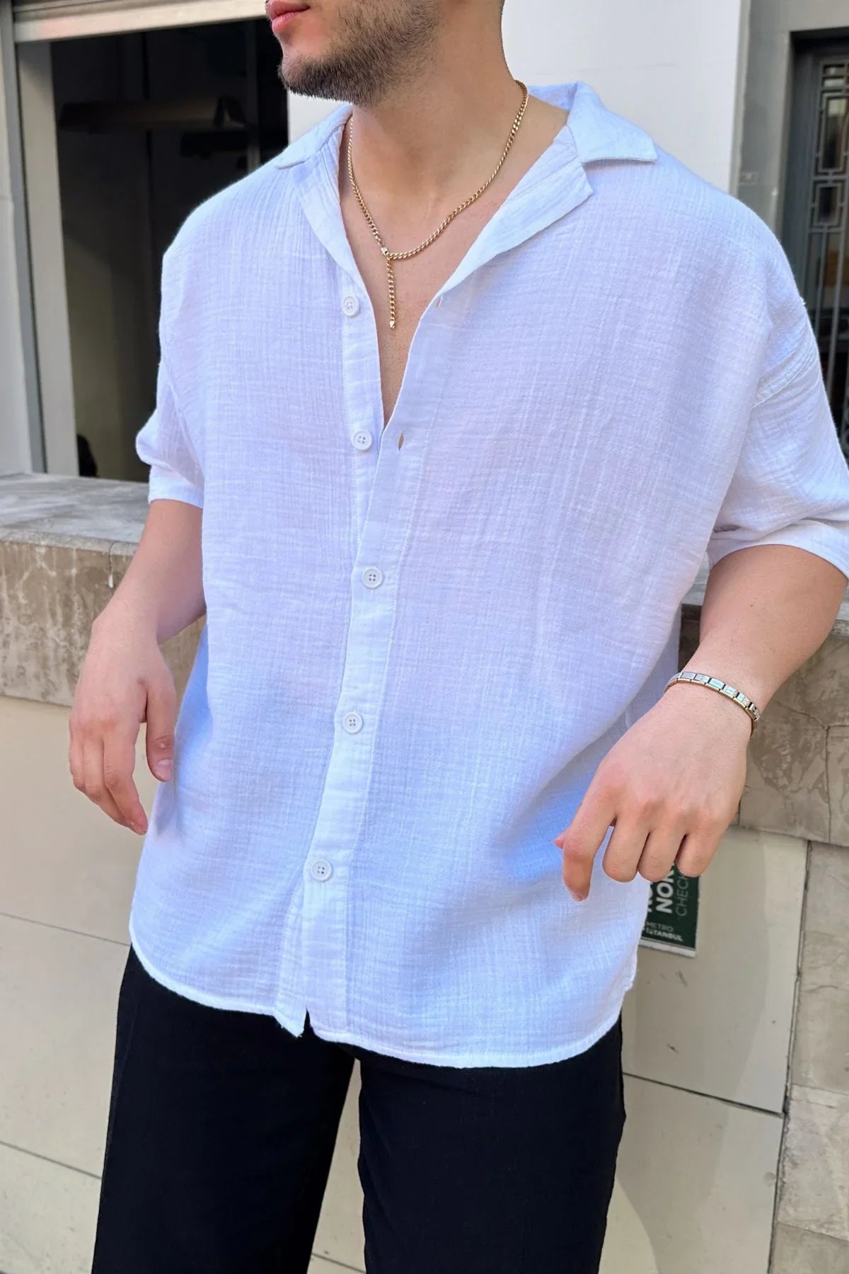 Nebel Erkek Yazlık Pamuk Gömlek Apaş Yaka Kısa Kollu, Düğmeli, Rahat Kalıp - Livio Ferri
