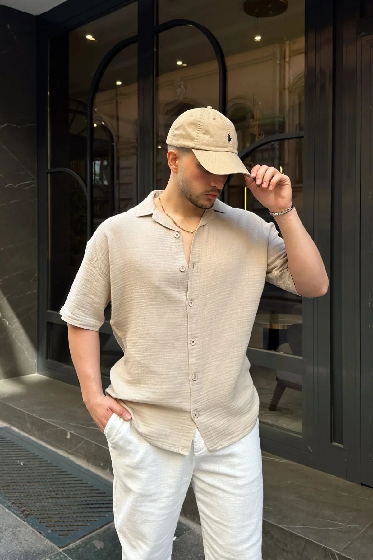 Nebel Erkek Yazlık Pamuk Gömlek Apaş Yaka Kısa Kollu, Düğmeli, Rahat Kalıp - Livio Ferri