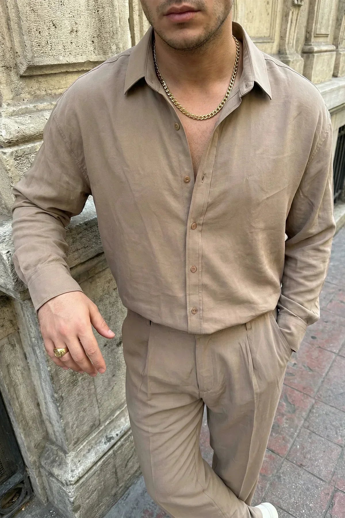 Noda %100 Pamuk Oversize Erkek Modal İkili Takım Gömlek Pantolon - Livio Ferri