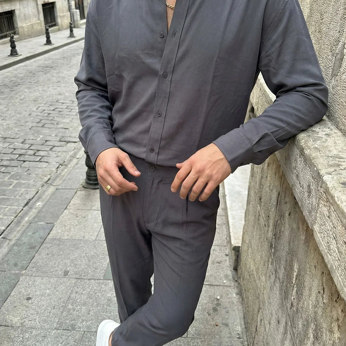 Noda %100 Pamuk Oversize Erkek Modal İkili Takım Gömlek Pantolon - Livio Ferri